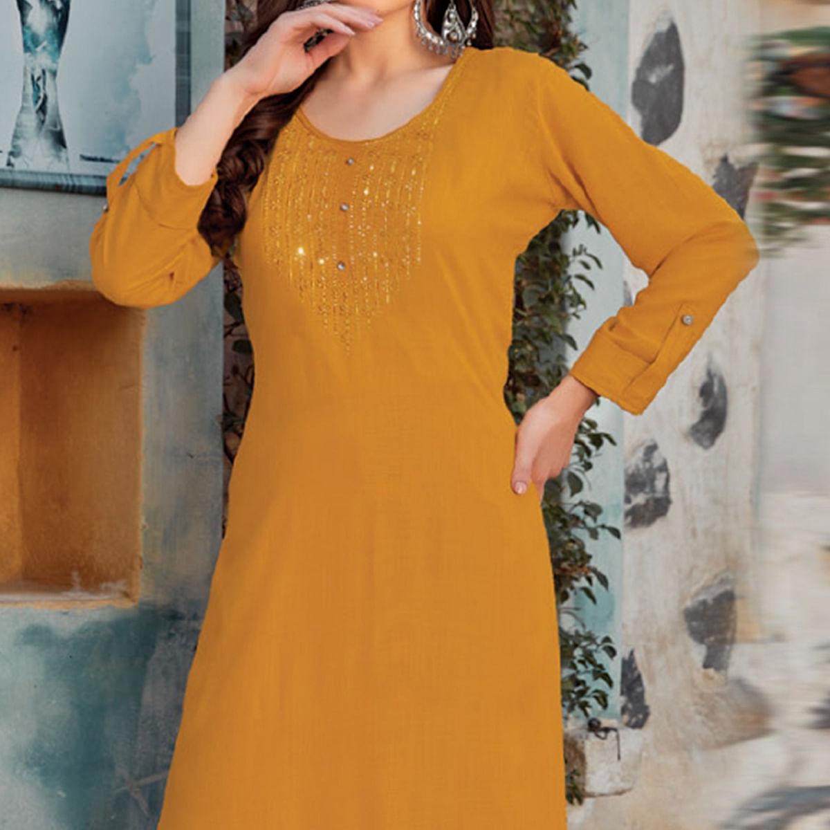 Yellow Sequence Embroidered Pure Cotton Kurti - Peachmode