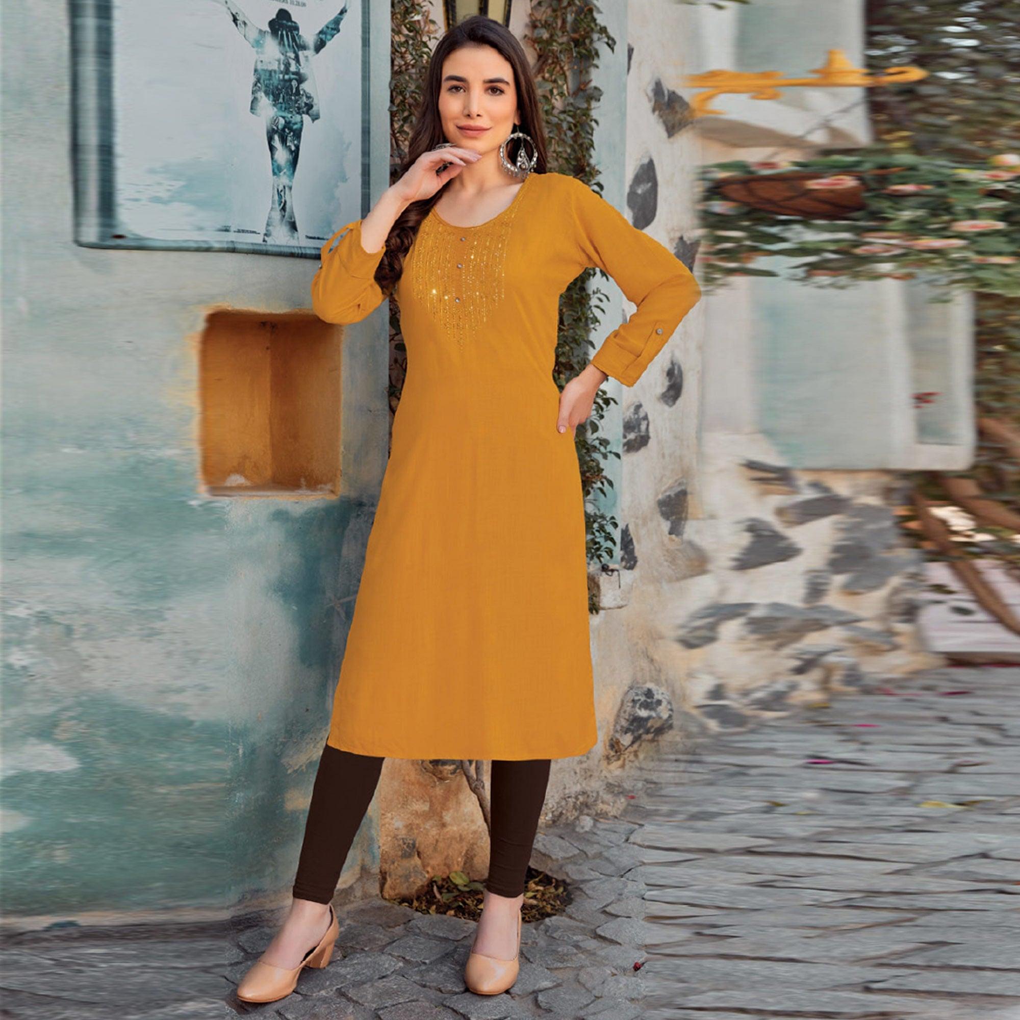 Yellow Sequence Embroidered Pure Cotton Kurti - Peachmode