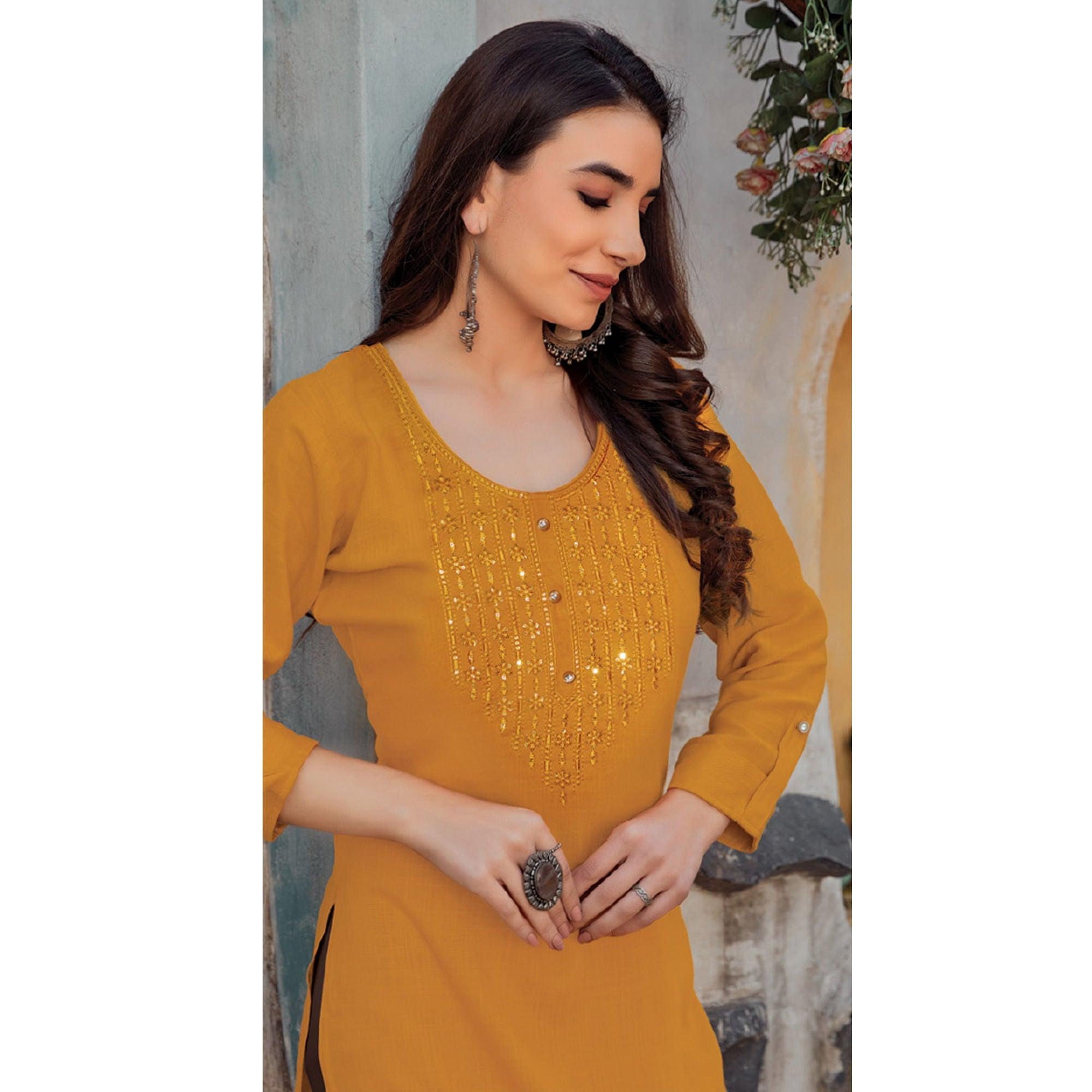 Yellow Sequence Embroidered Pure Cotton Kurti - Peachmode