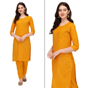 Yellow Sequence Embroidered Rayon Kurti Pant Set - Peachmode