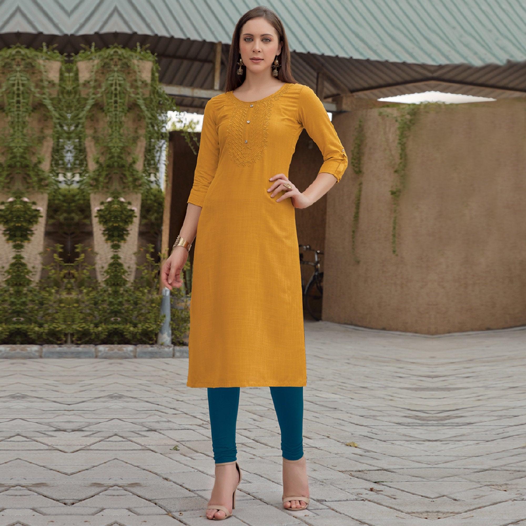 Yellow Sequence Embroidered Rayon Kurti - Peachmode