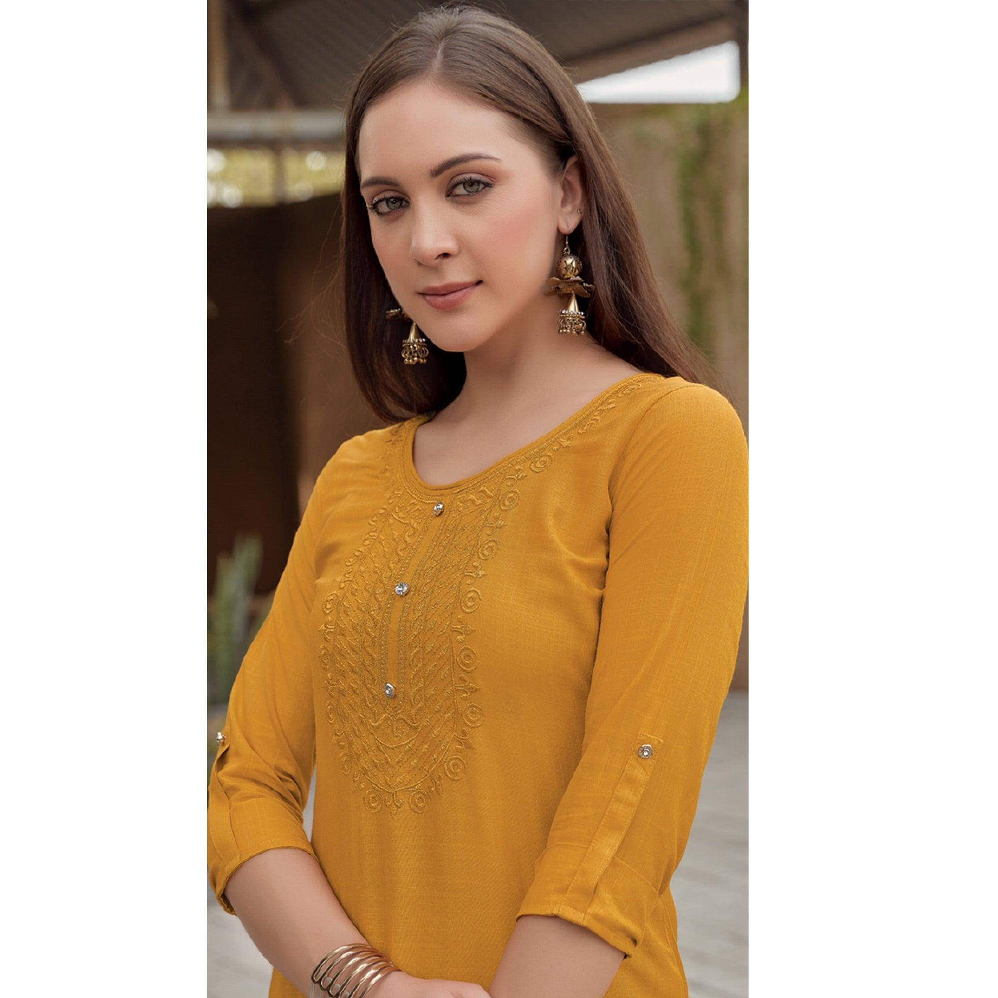Yellow Sequence Embroidered Rayon Kurti - Peachmode