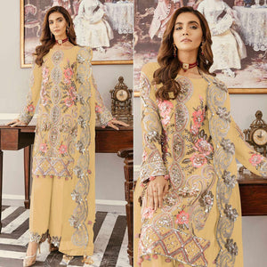 Yellow Sequence Embroidered Soft Net Partywear Pakistani Suit - Peachmode