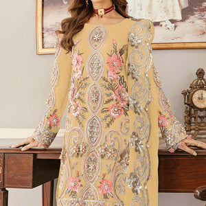 Yellow Sequence Embroidered Soft Net Partywear Pakistani Suit - Peachmode