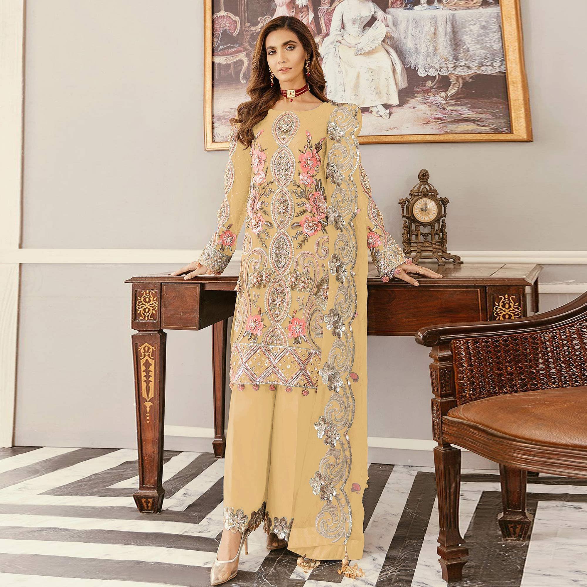 Yellow Sequence Embroidered Soft Net Partywear Pakistani Suit - Peachmode