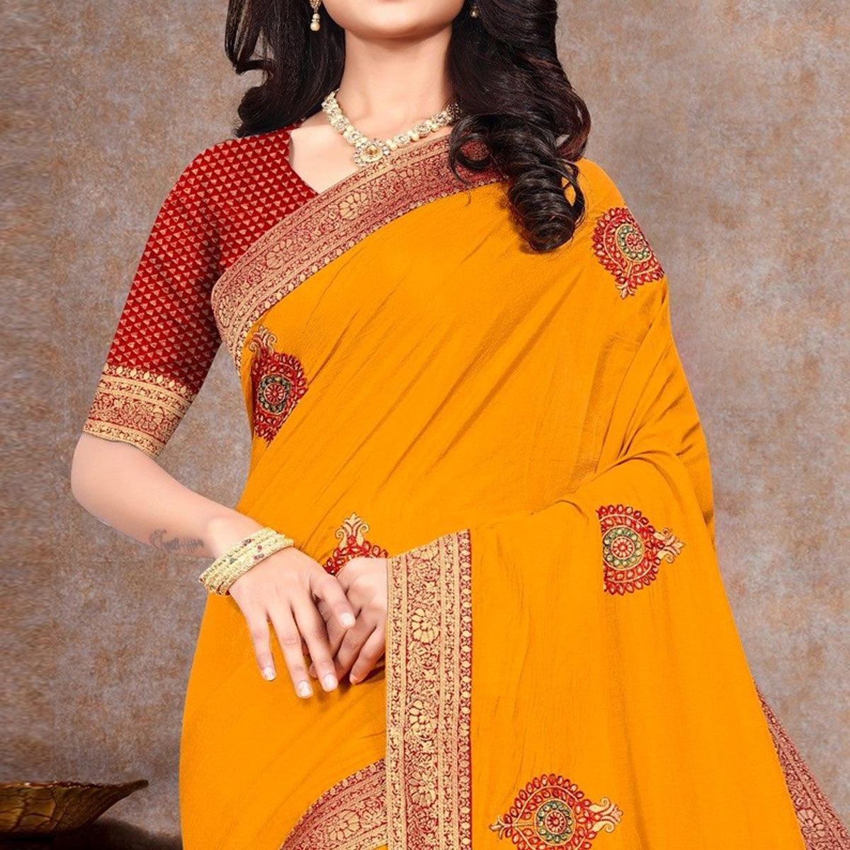 Yellow Sequence Embroidered Vichitra Silk Saree - Peachmode