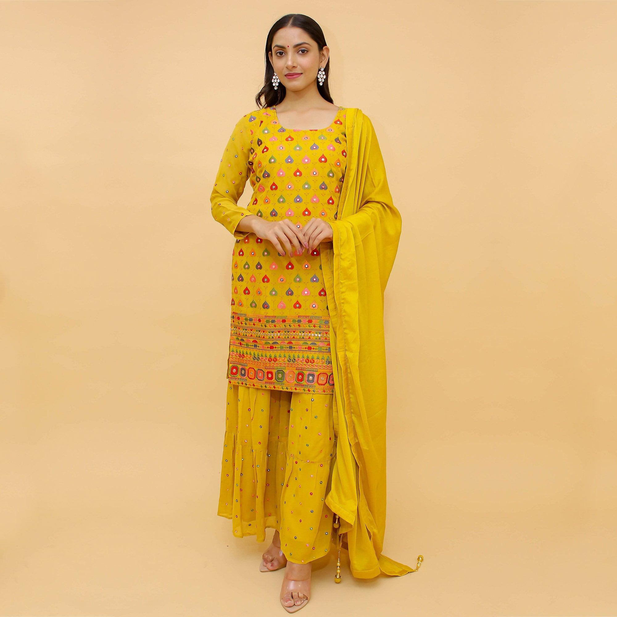 Yellow Sequence Embroidered With Embellished Chiffon Sharara Suit - Peachmode