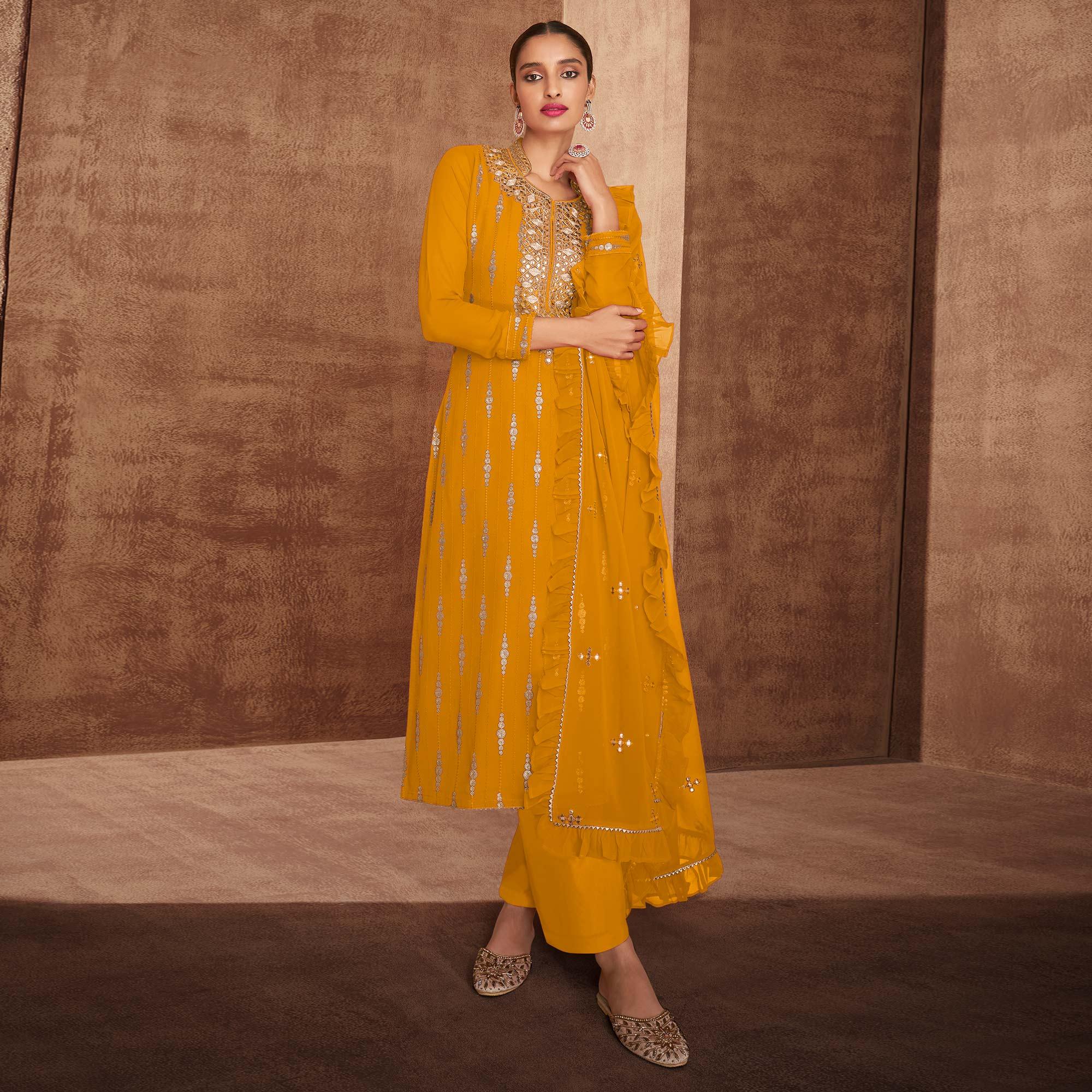 Yellow Sequence Embroidery Real Georgette Partywear Suit - Peachmode