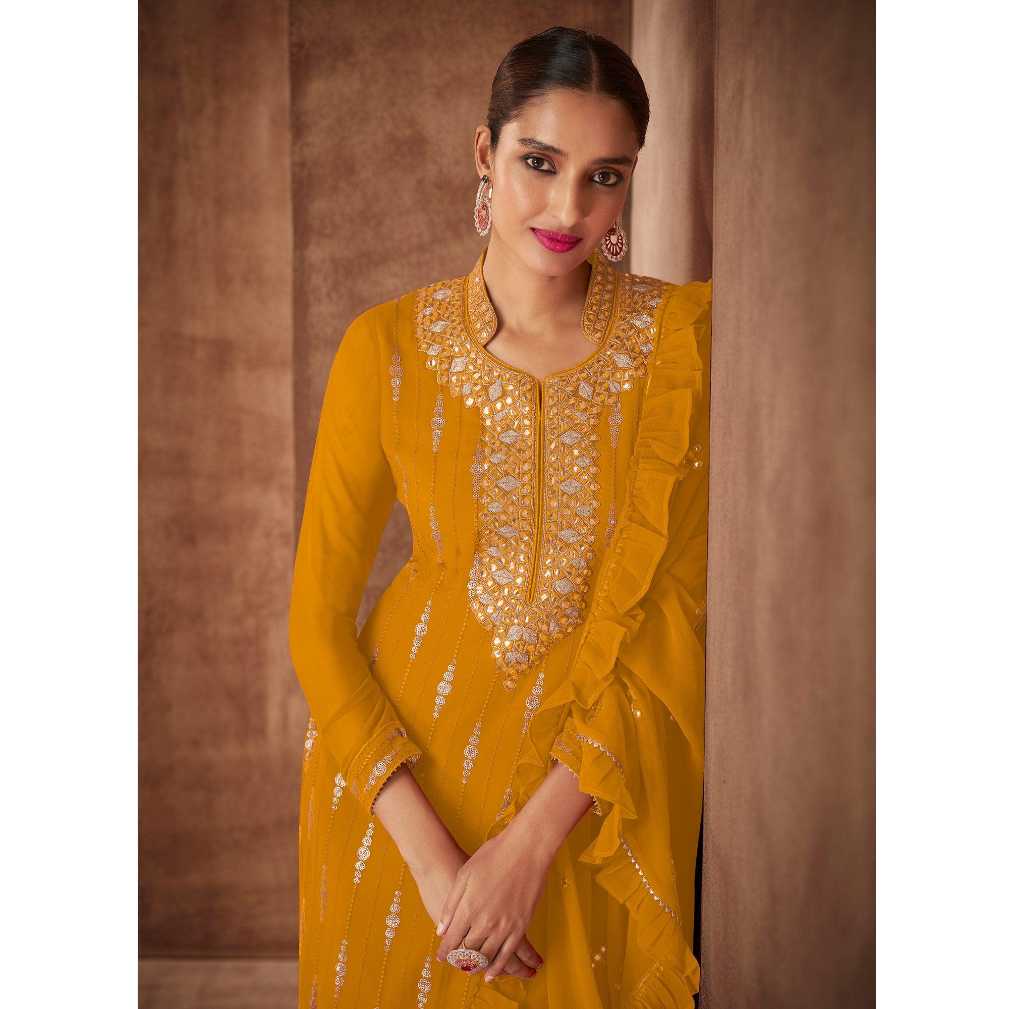 Yellow Sequence Embroidery Real Georgette Partywear Suit - Peachmode