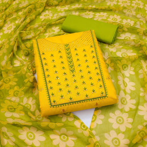 Yellow Sequence Floral Embroidered Pure Cotton Dress Material - Peachmode