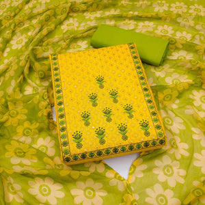 Yellow Sequence Floral Embroidered Pure Cotton Dress Material - Peachmode