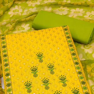 Yellow Sequence Floral Embroidered Pure Cotton Dress Material - Peachmode