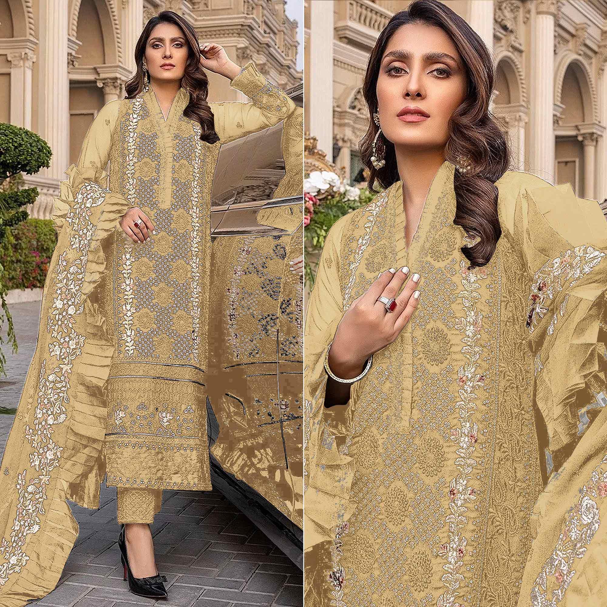 Yellow Sequence With Floral Embroidered Georgette Pakistani Suit - Peachmode
