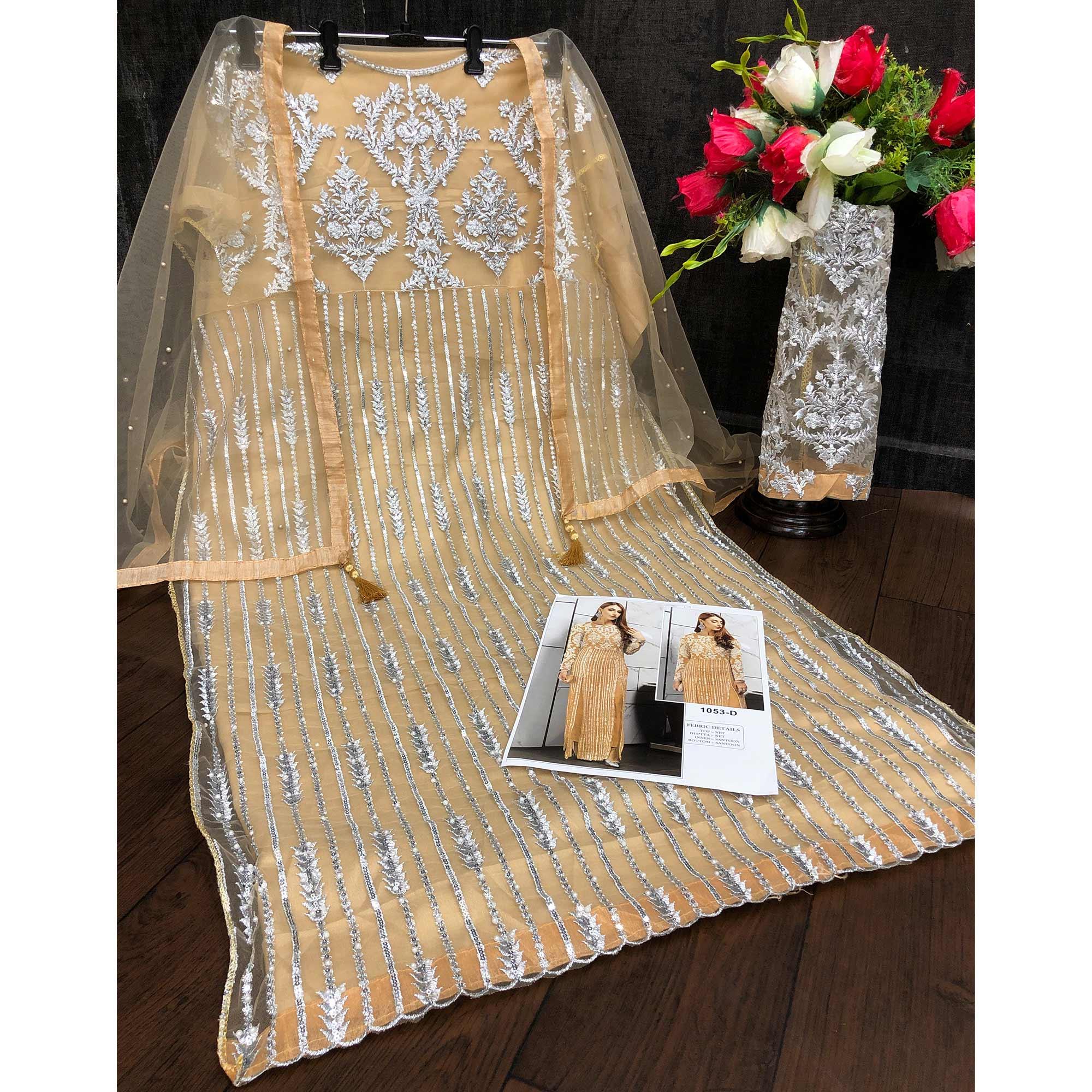 Yellow Sequence With Floral Embroidered Net Pakistani Suit - Peachmode