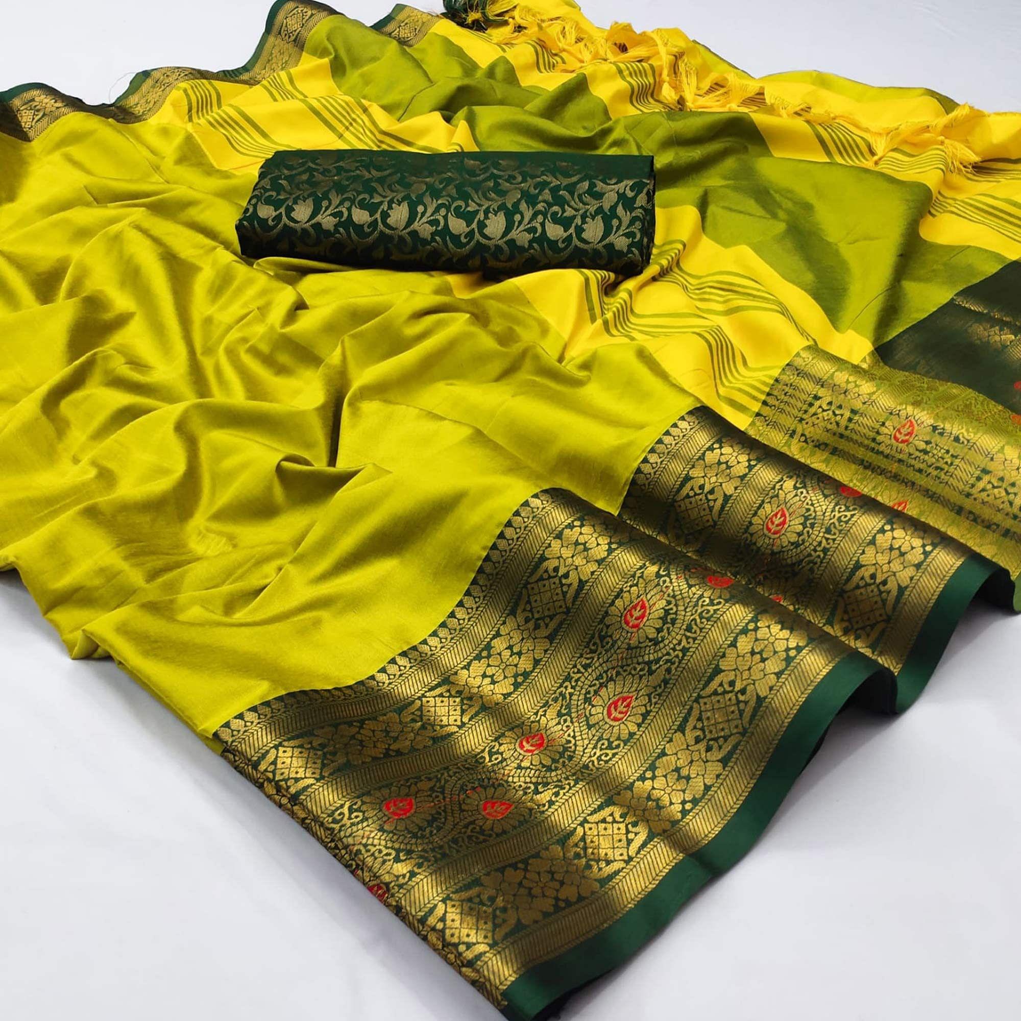 Yellow Solid Cotton Silk Saree - Peachmode