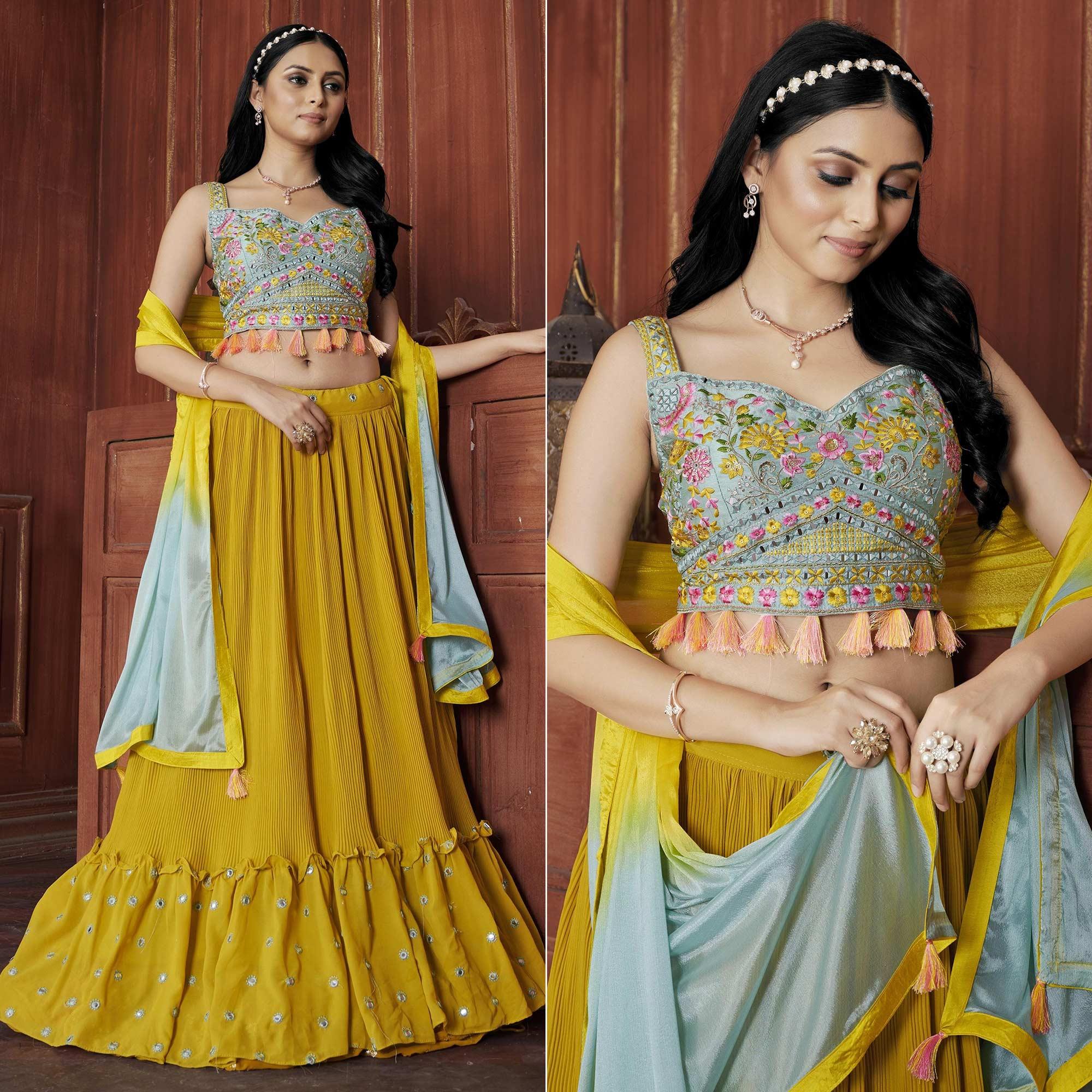 Yellow Solid Georgette Lehenga Choli - Peachmode