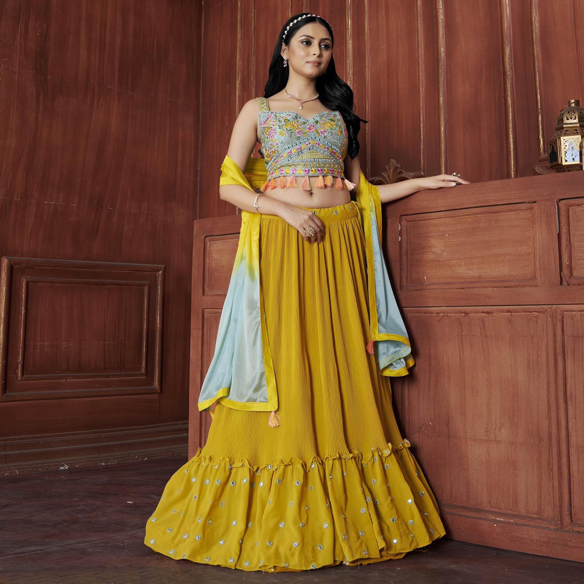 Yellow Solid Georgette Lehenga Choli - Peachmode