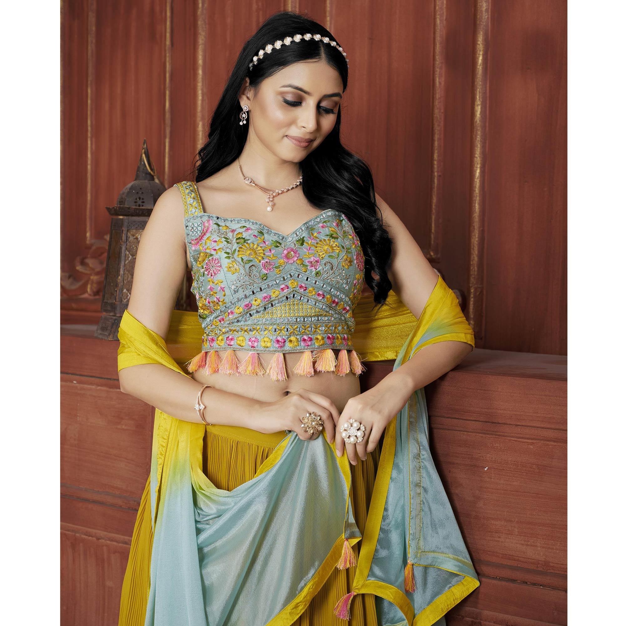 Yellow Solid Georgette Lehenga Choli - Peachmode