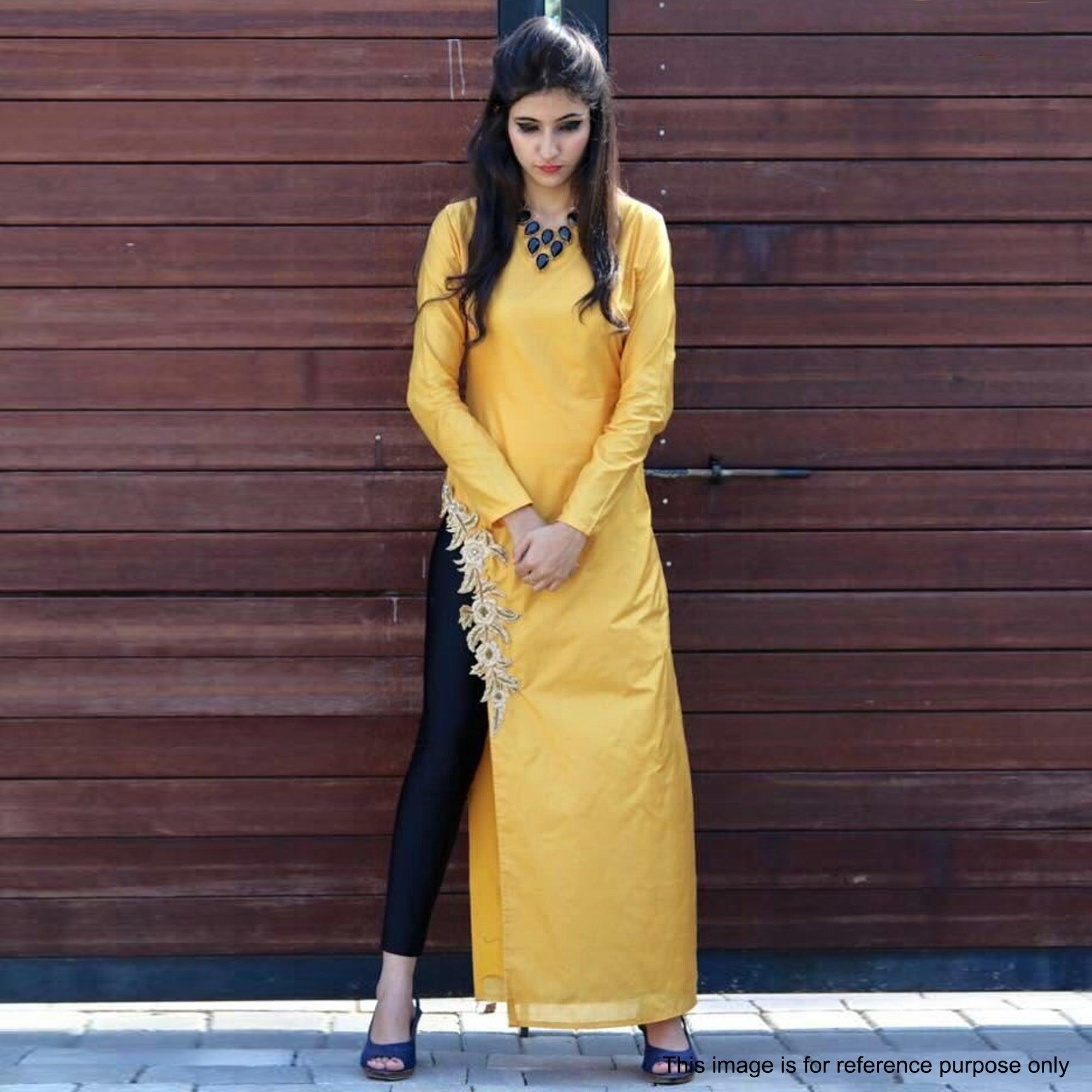 Yellow Solid Poly Cotton Kurti - Peachmode