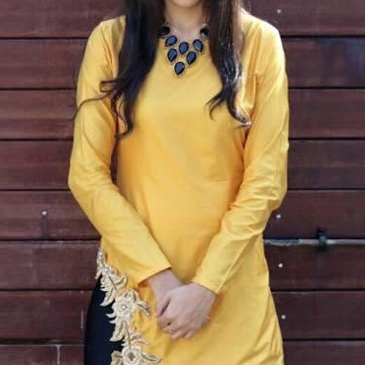 Yellow Solid Poly Cotton Kurti - Peachmode
