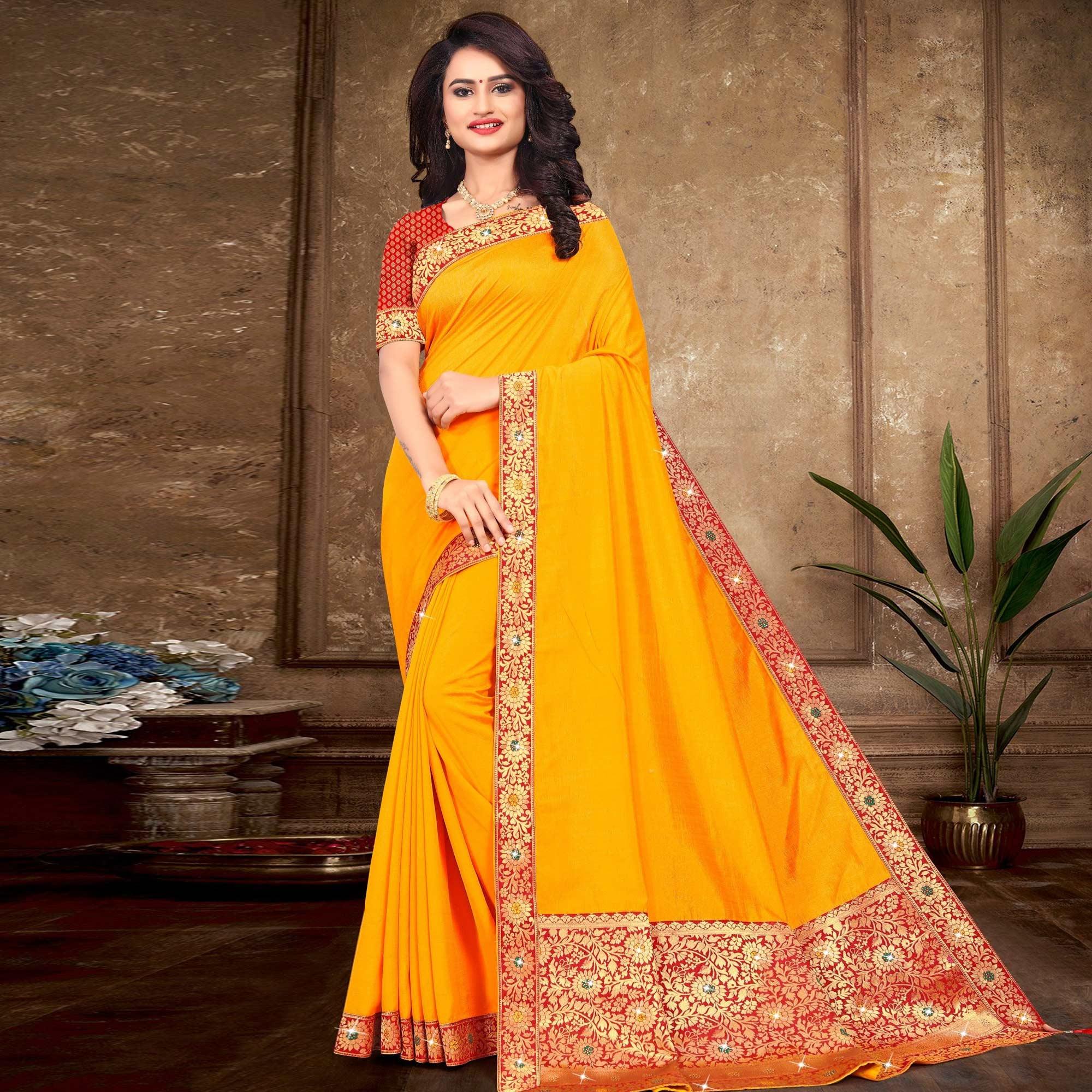 Yellow Solid Vichitra Silk Saree - Peachmode