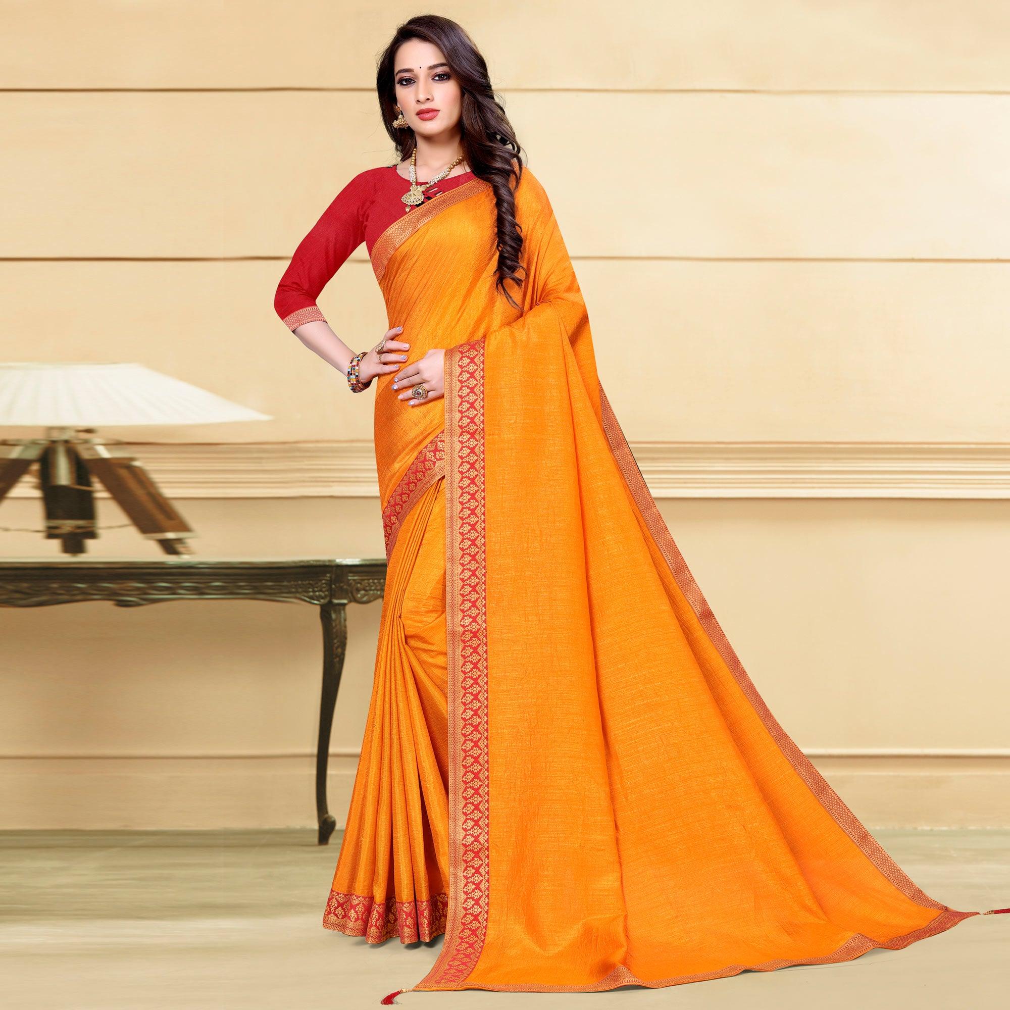 Yellow Solid Vichitra Silk Saree - Peachmode