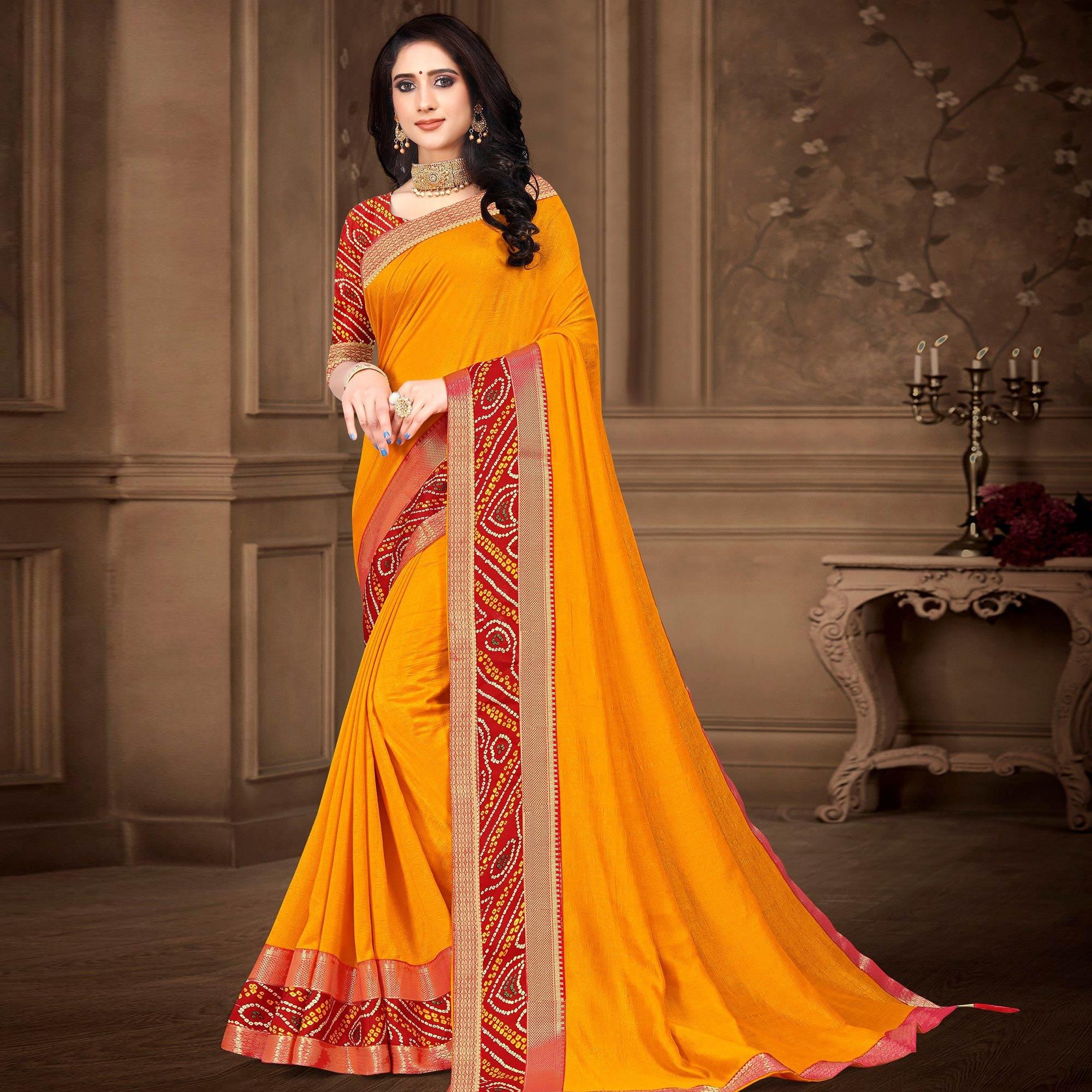 Yellow Solid Vichitra Silk Saree - Peachmode