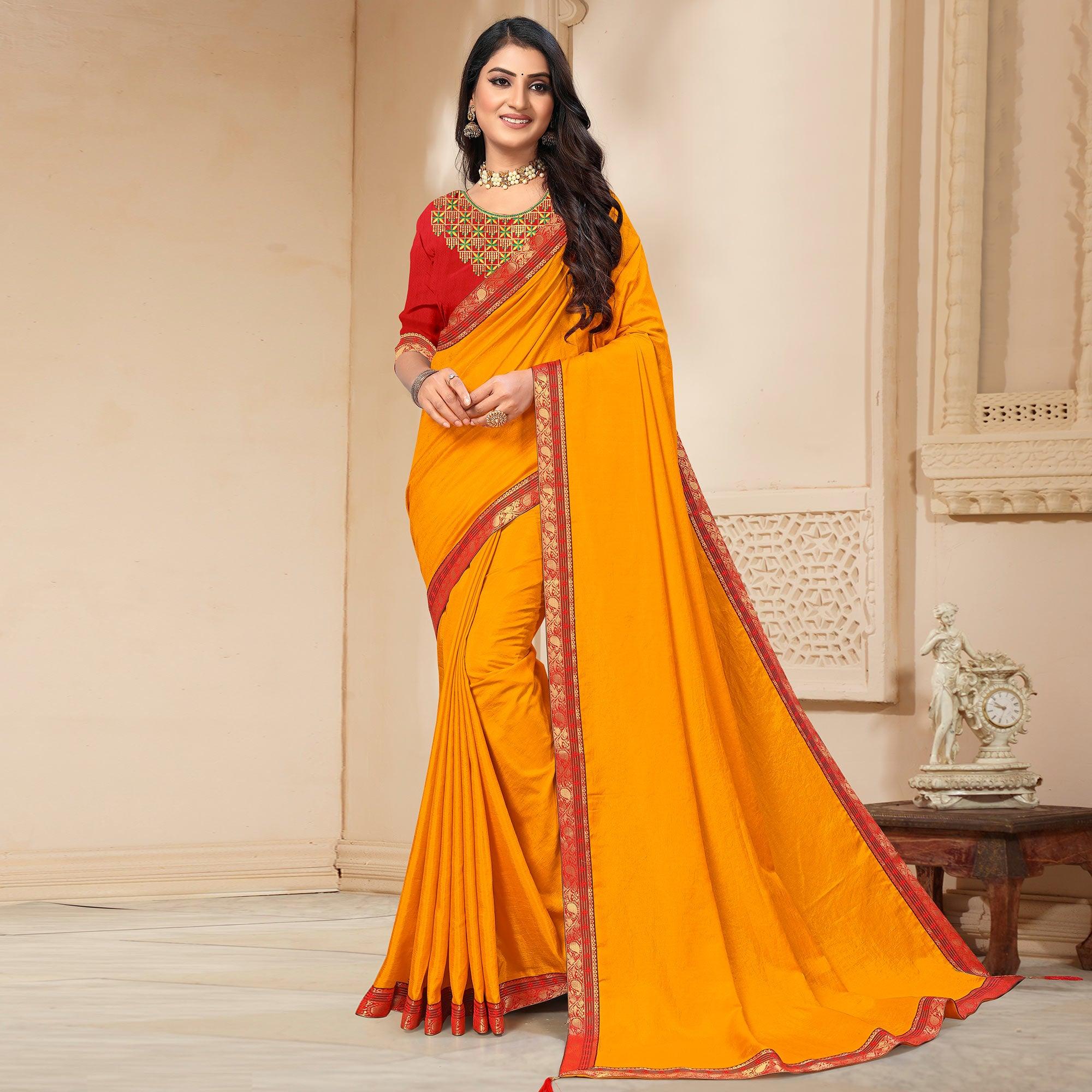 Yellow Solid Vichitra Silk Saree - Peachmode
