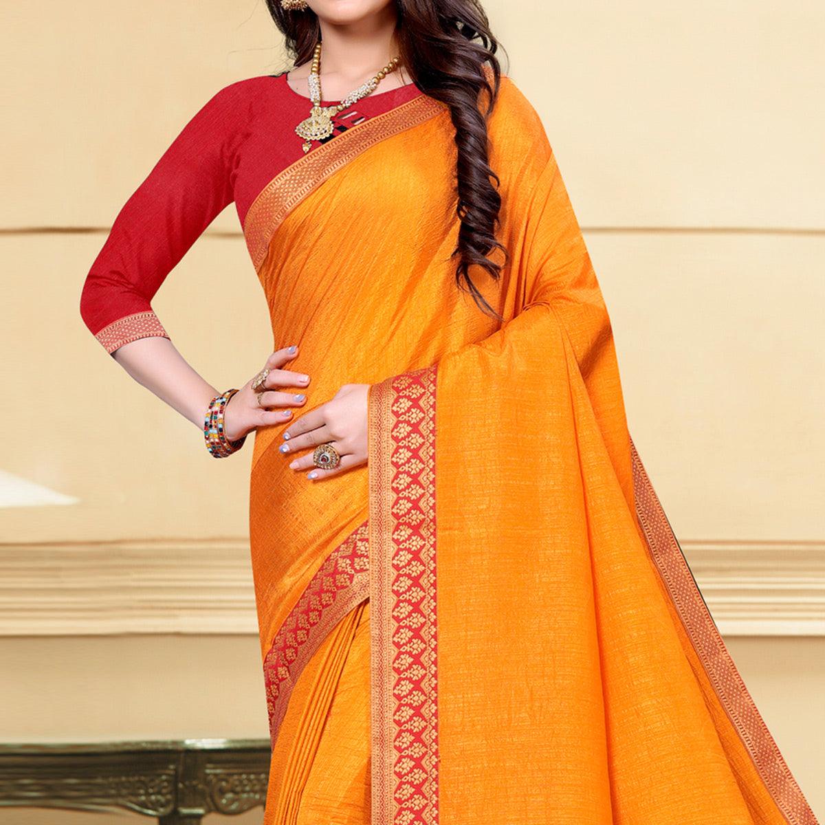 Yellow Solid Vichitra Silk Saree - Peachmode