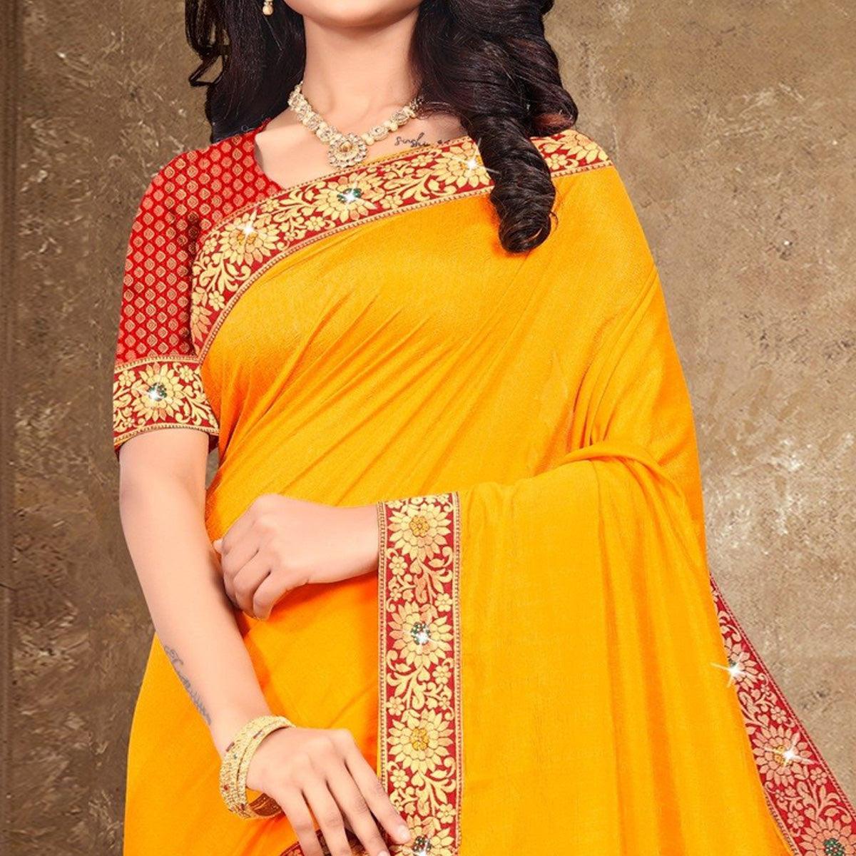Yellow Solid Vichitra Silk Saree - Peachmode