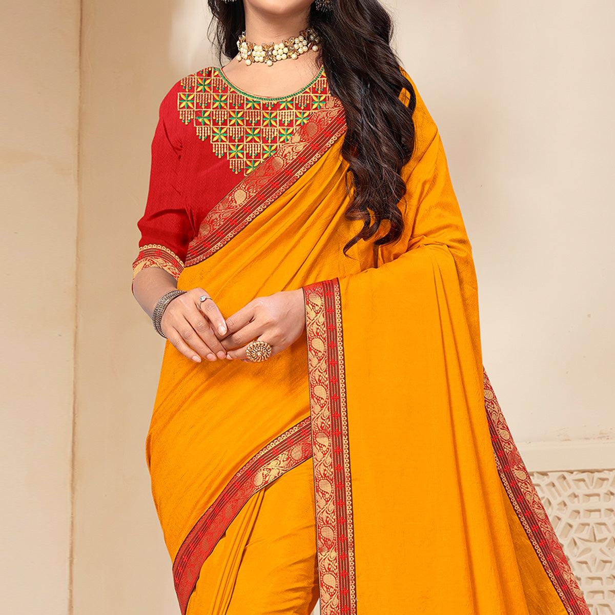 Yellow Solid Vichitra Silk Saree - Peachmode
