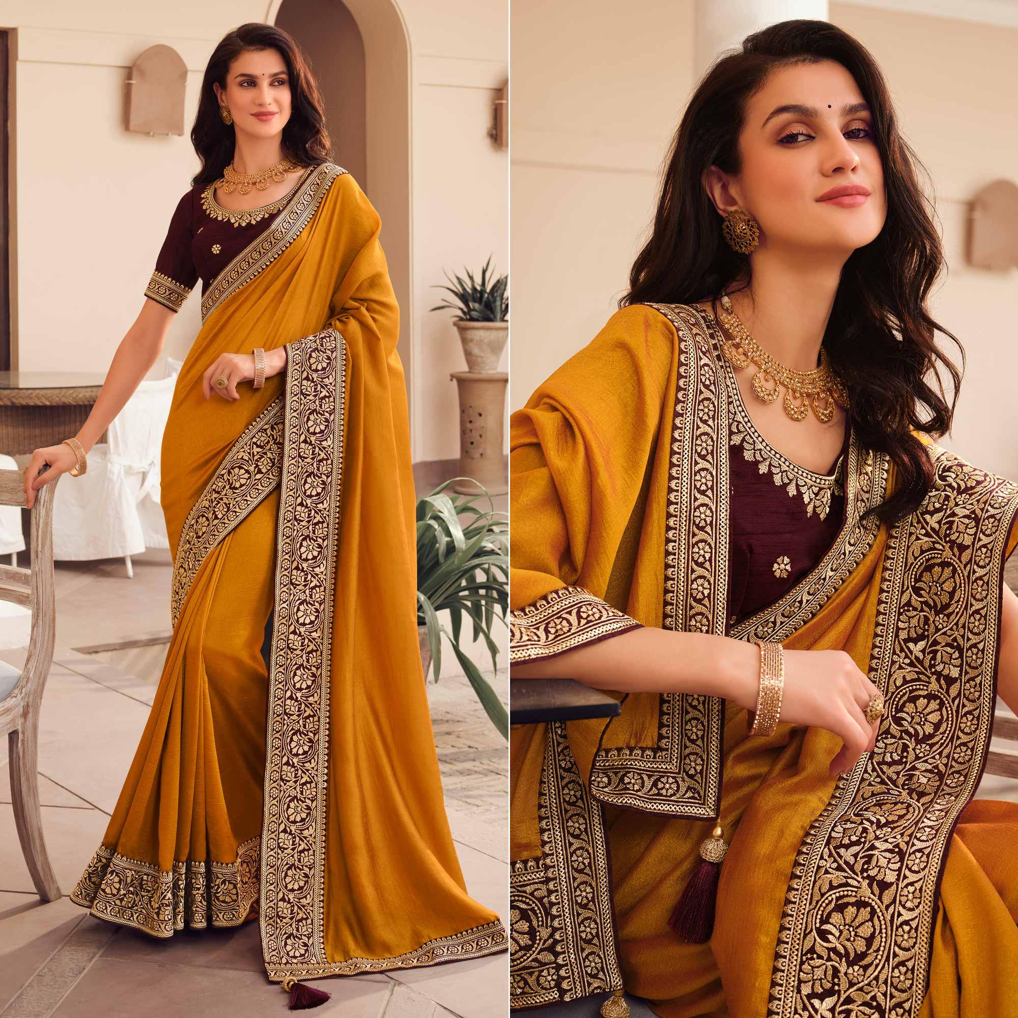 Yellow Solid Vichitra Silk Saree With Tassels - Peachmode