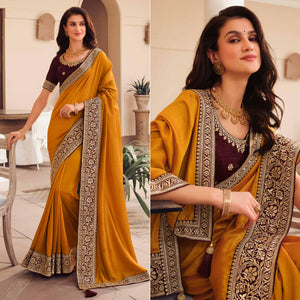Yellow Solid Vichitra Silk Saree With Tassels - Peachmode