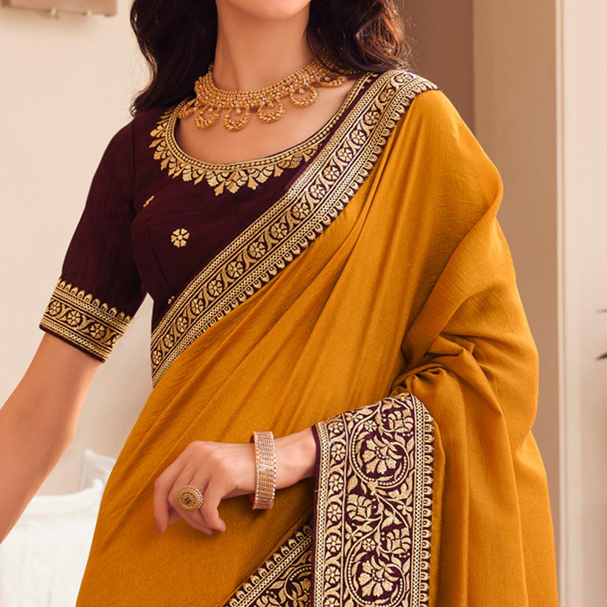 Yellow Solid Vichitra Silk Saree With Tassels - Peachmode
