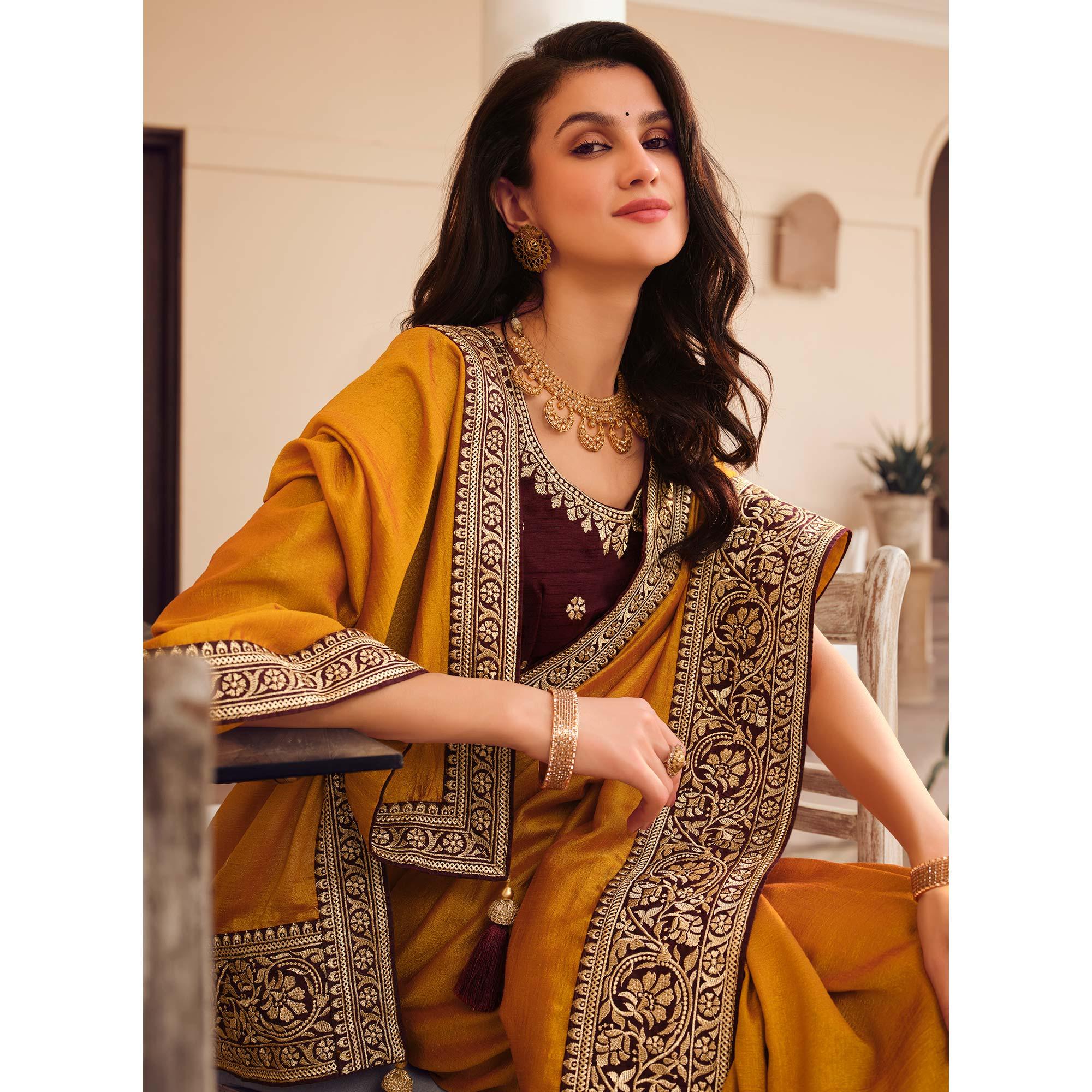 Yellow Solid Vichitra Silk Saree With Tassels - Peachmode