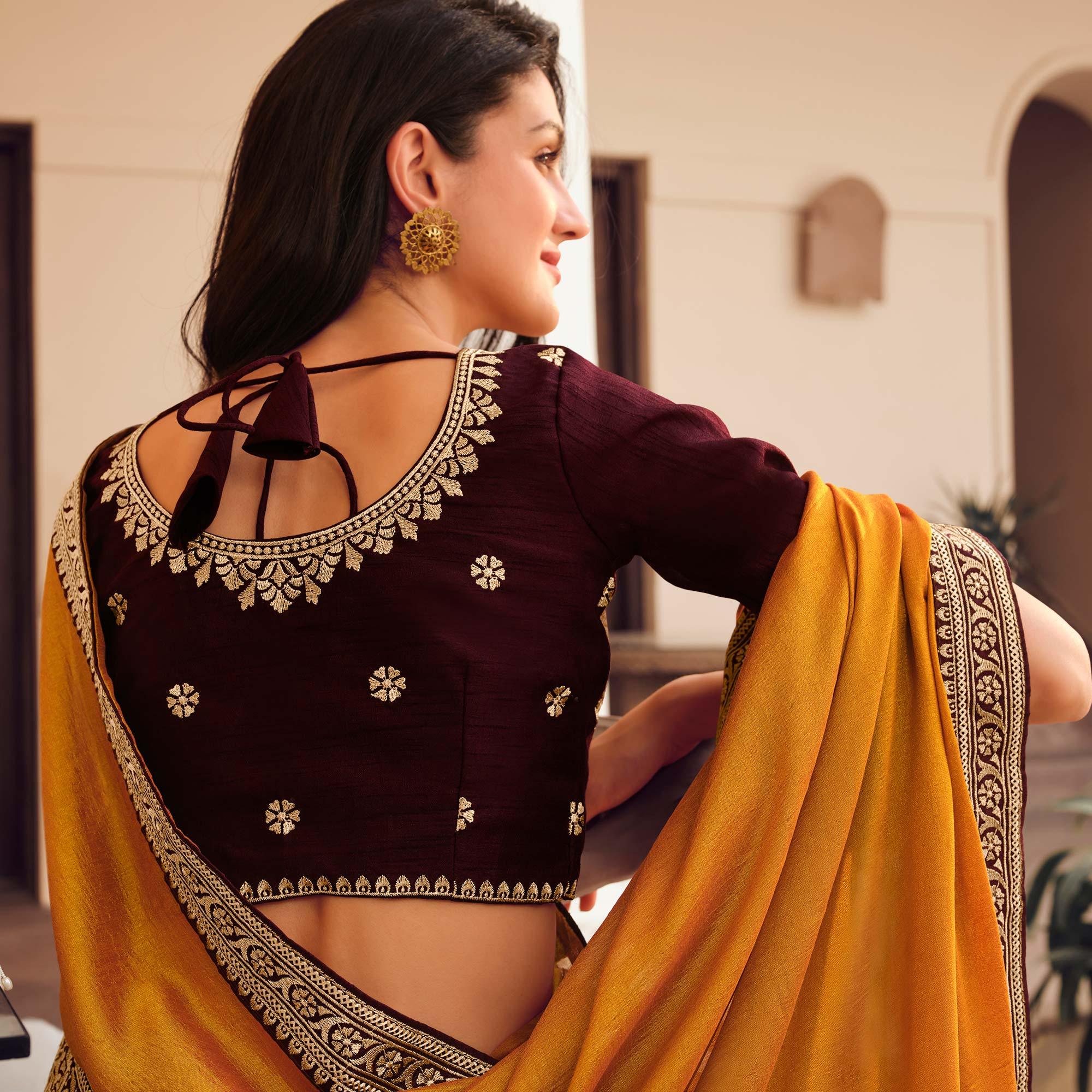 Yellow Solid Vichitra Silk Saree With Tassels - Peachmode