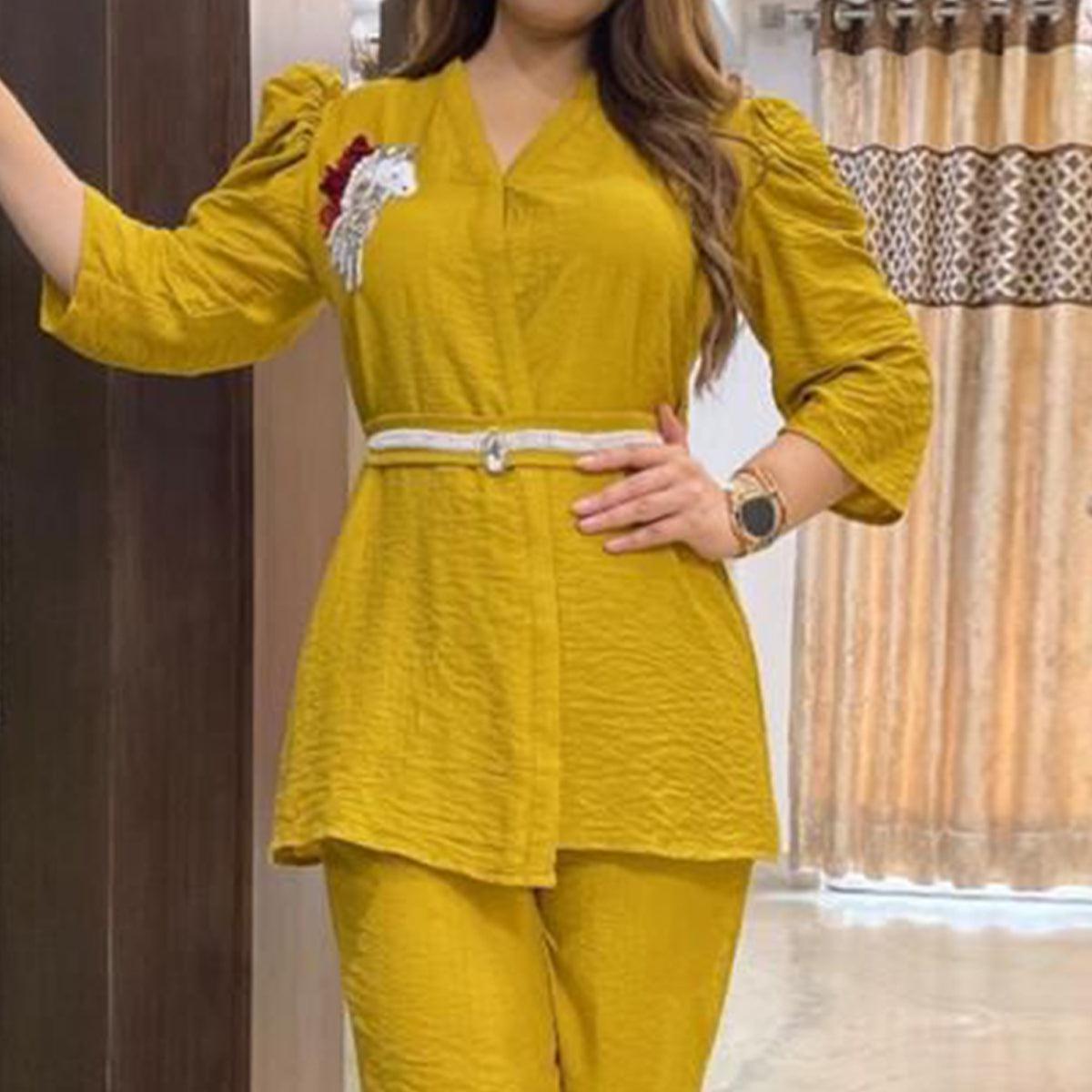 Yellow Solid With Embellished Cotton Silk Top Bottom Set - Peachmode