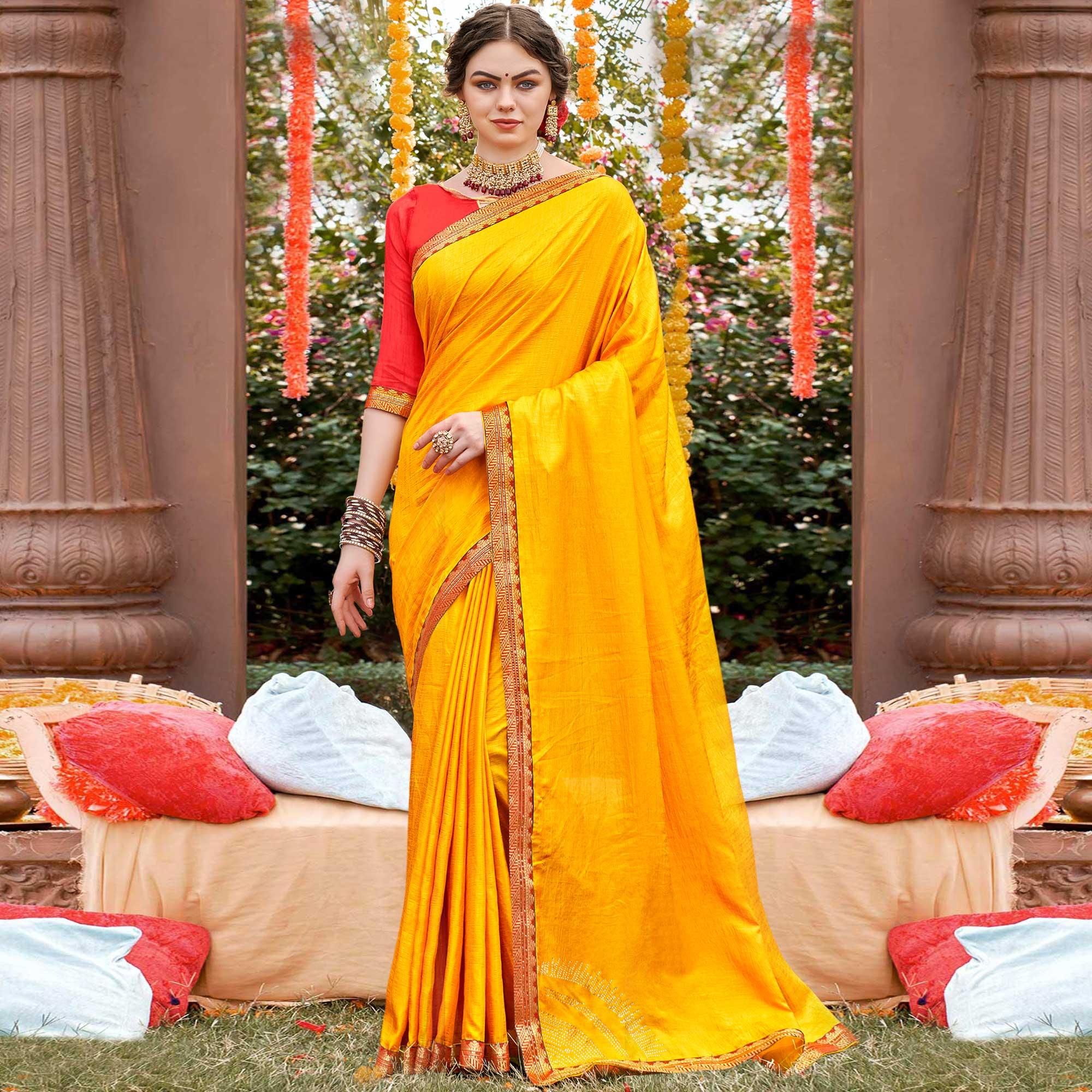 Yellow Solid With Fancy Border Vichitra Silk Saree - Peachmode