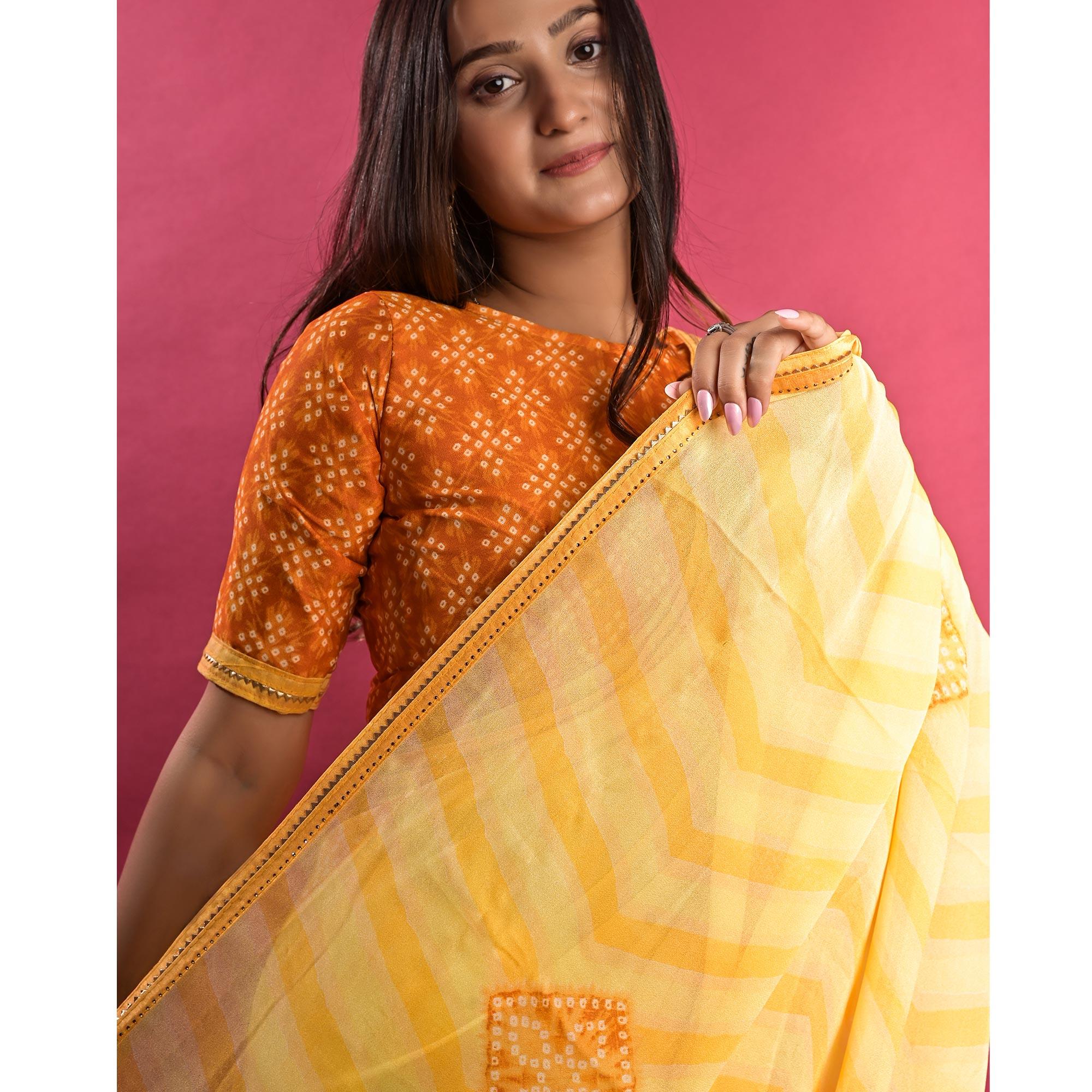 Yellow Stripe Printed Chiffon Saree - Peachmode