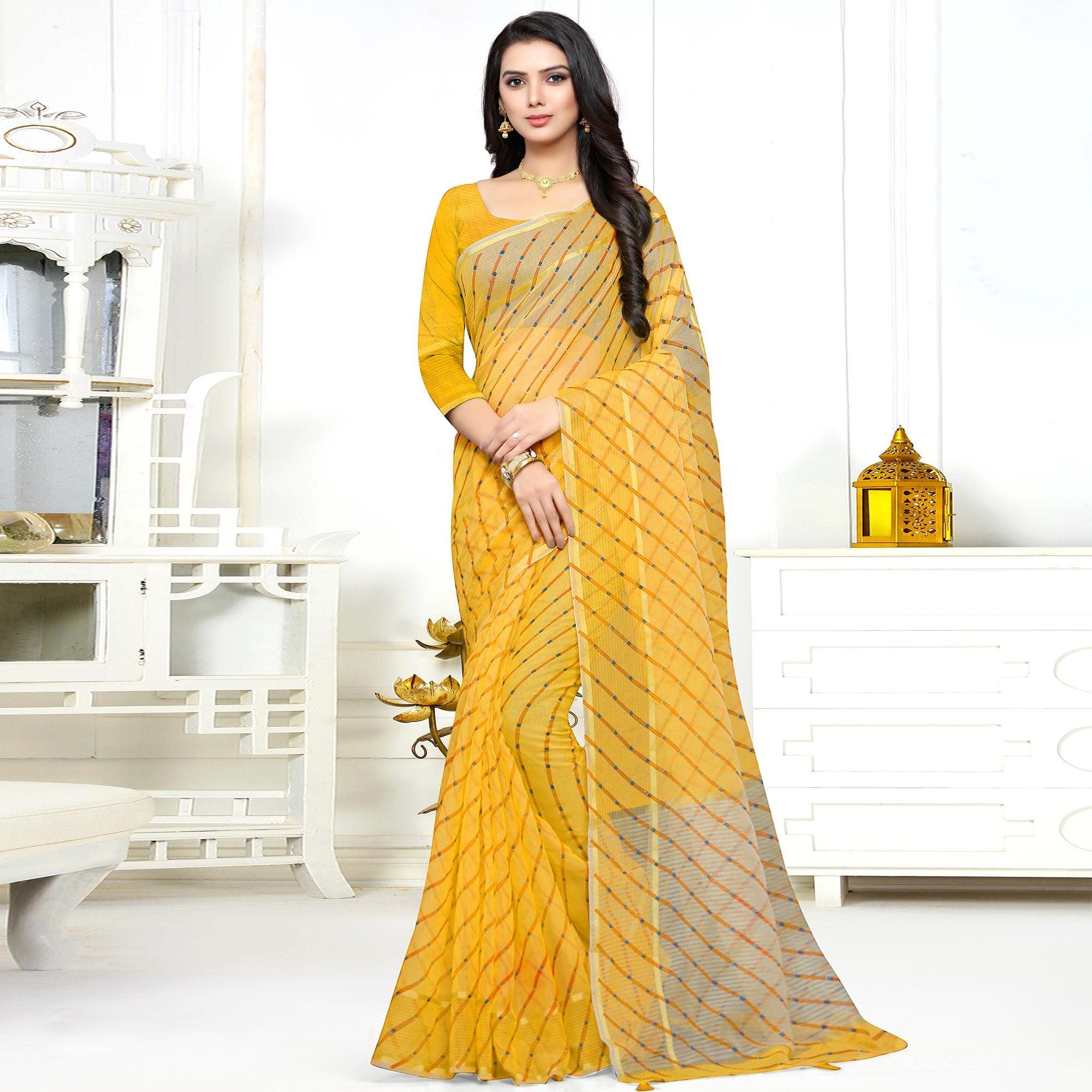 Yellow Stripe Printed Kota Doria Saree With Tassels - Peachmode