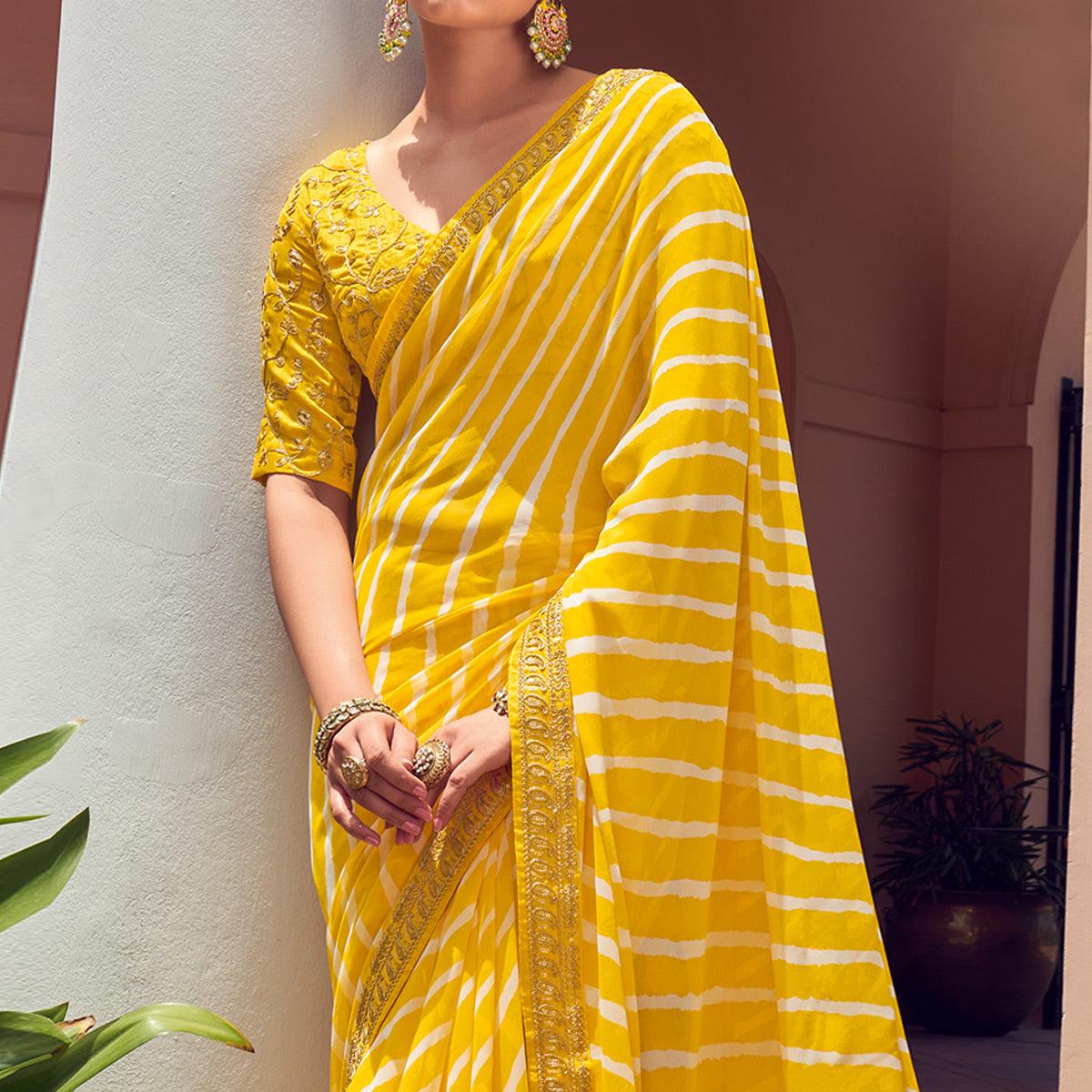 Yellow Striped Printed Georgette Saree - Peachmode