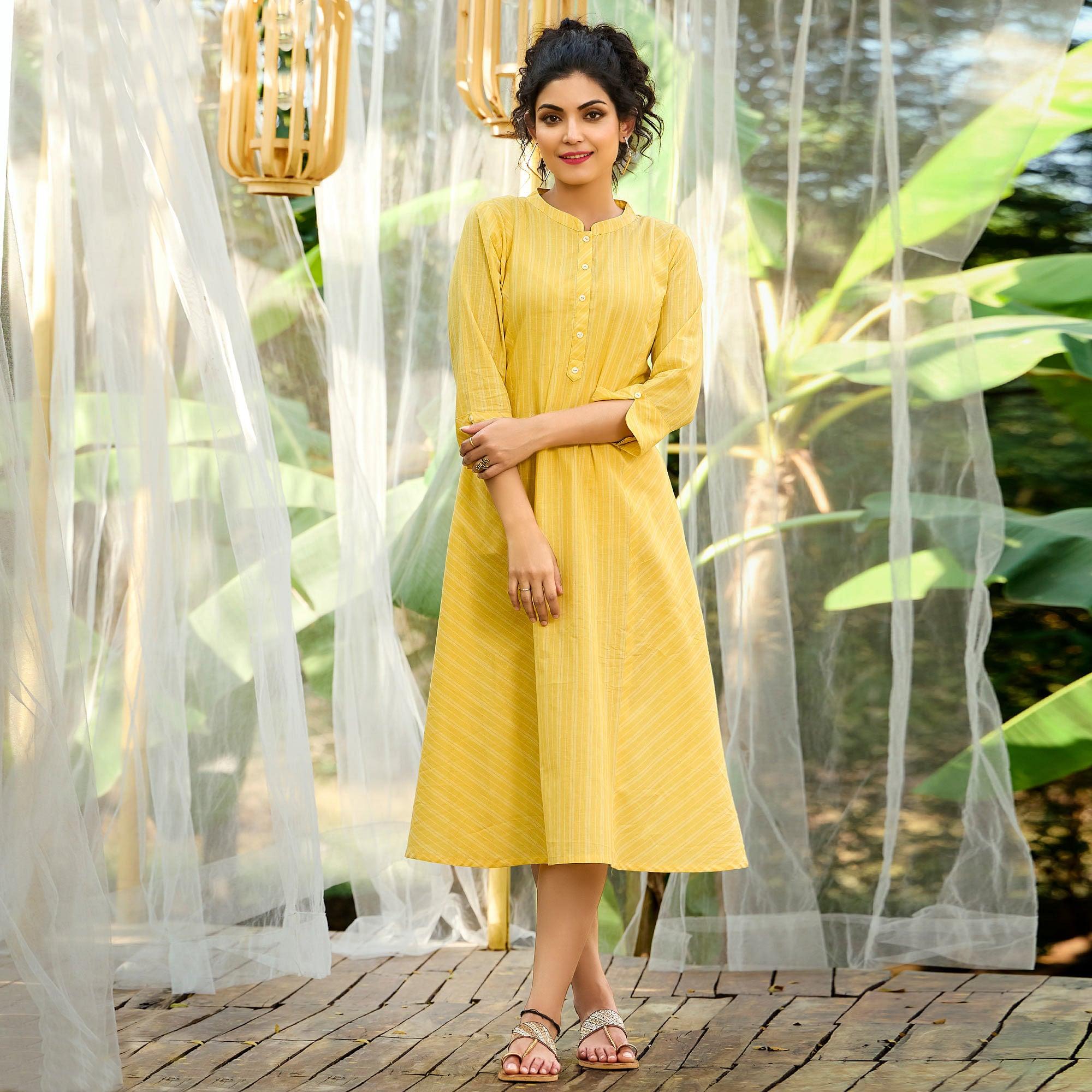Yellow Striped Printed Pure Cotton Dress - Peachmode