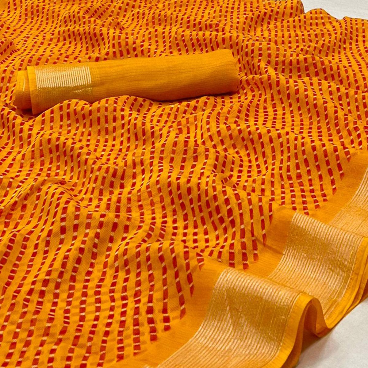 Yellow Stripes Printed Chiffon Saree - Peachmode