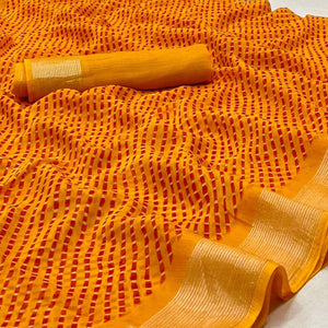 Yellow Stripes Printed Chiffon Saree - Peachmode