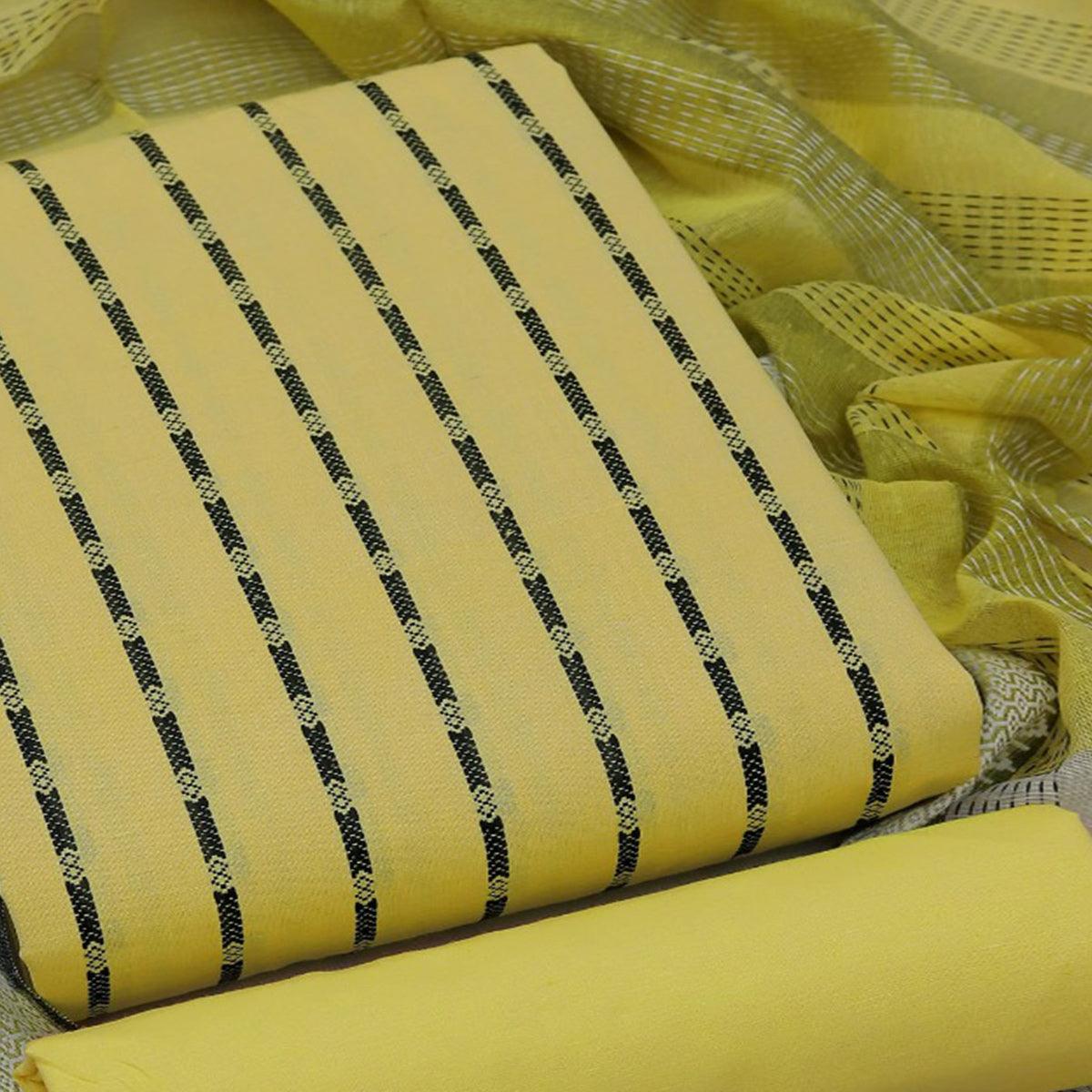 Yellow Stripes Printed Poly Cotton Dress Material - Peachmode