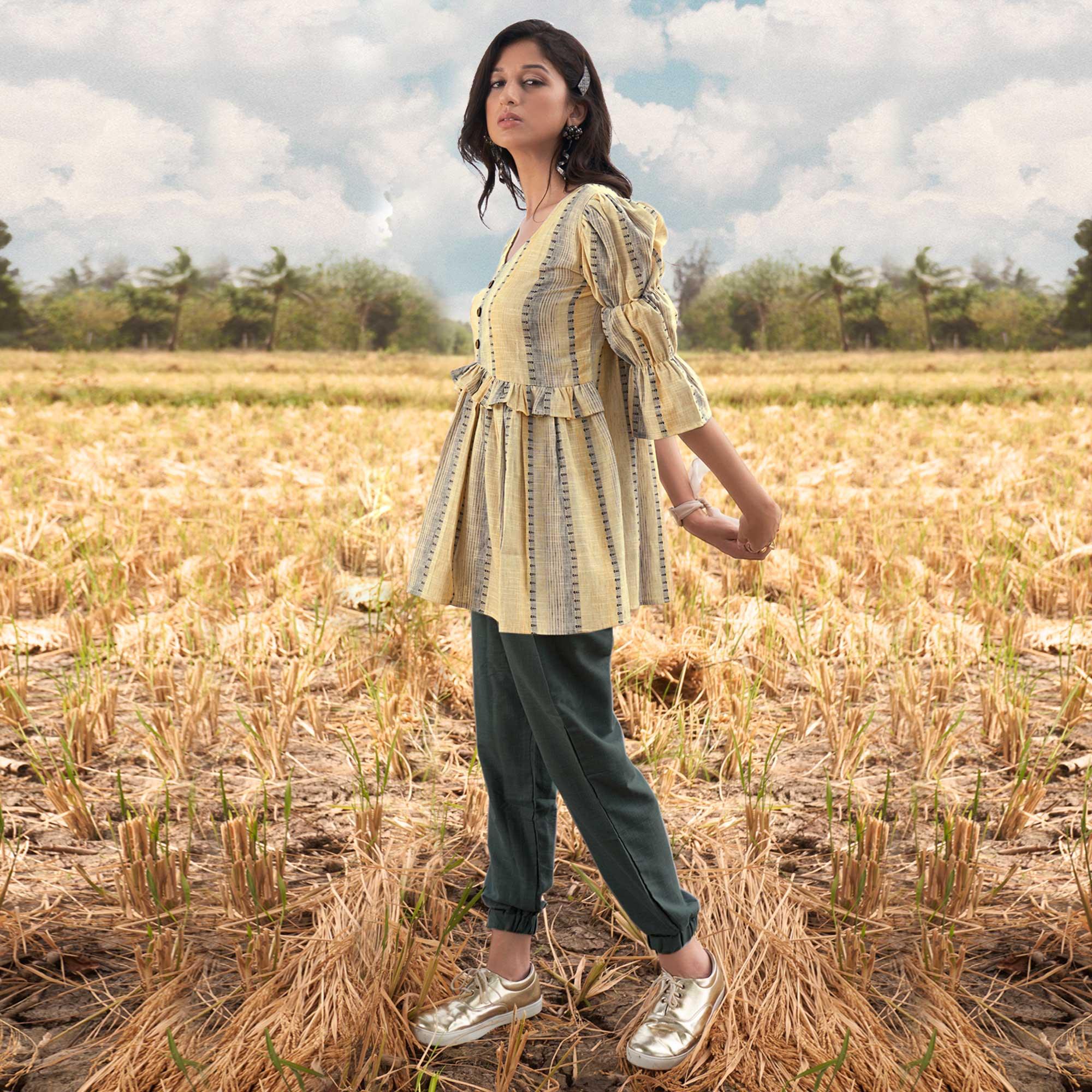 Yellow Stripes Printed Poly Cotton Top Bottom Set - Peachmode