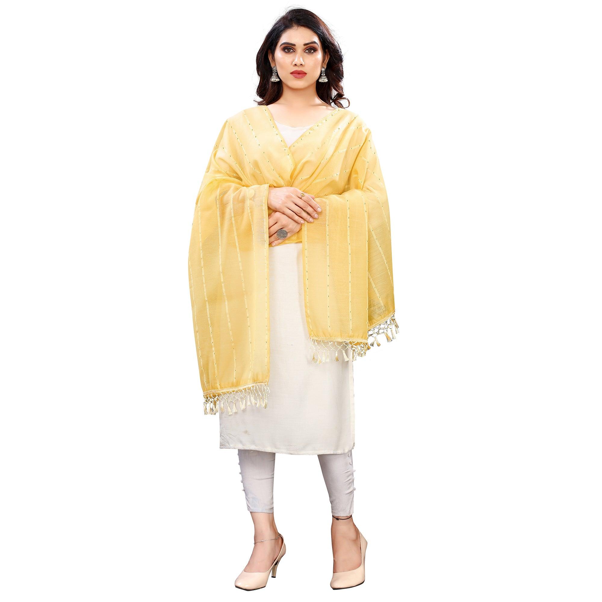 Yellow Stripes Woven Sequence Festive Wear Cotton Silk Dupatta - Peachmode
