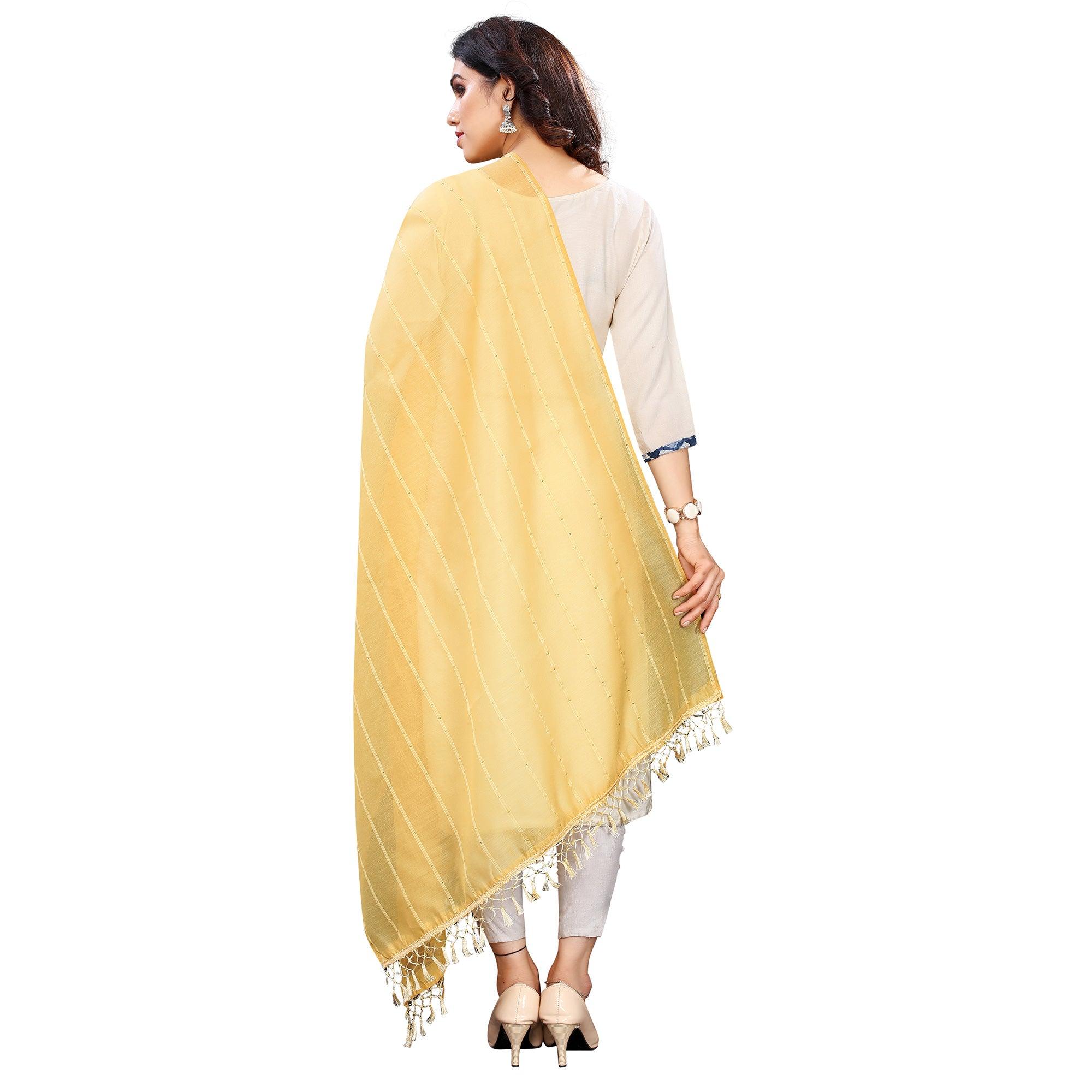 Yellow Stripes Woven Sequence Festive Wear Cotton Silk Dupatta - Peachmode