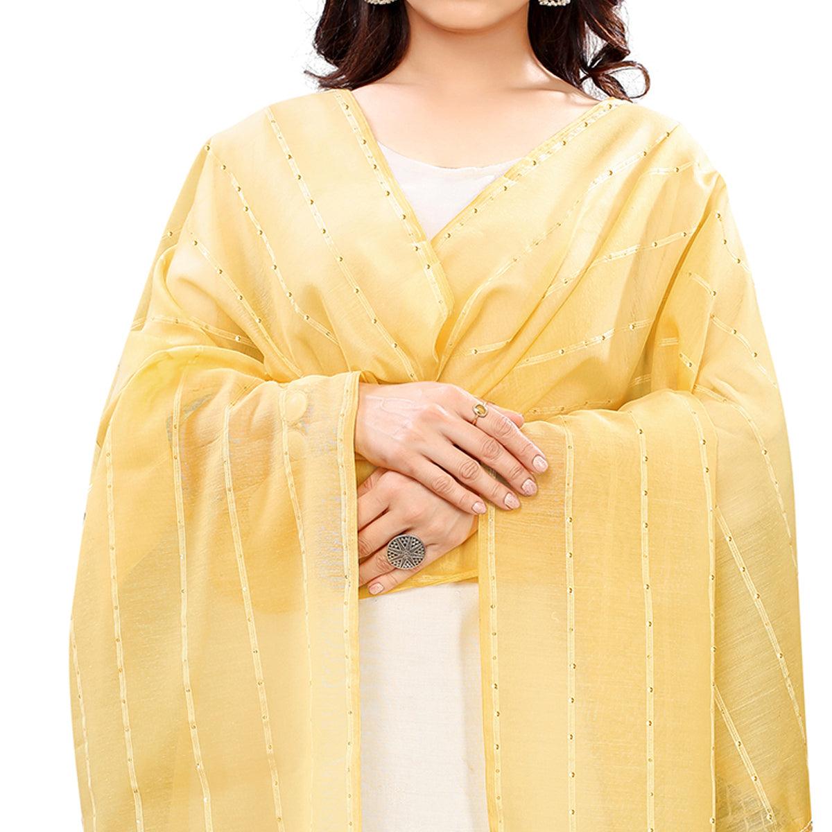 Yellow Stripes Woven Sequence Festive Wear Cotton Silk Dupatta - Peachmode