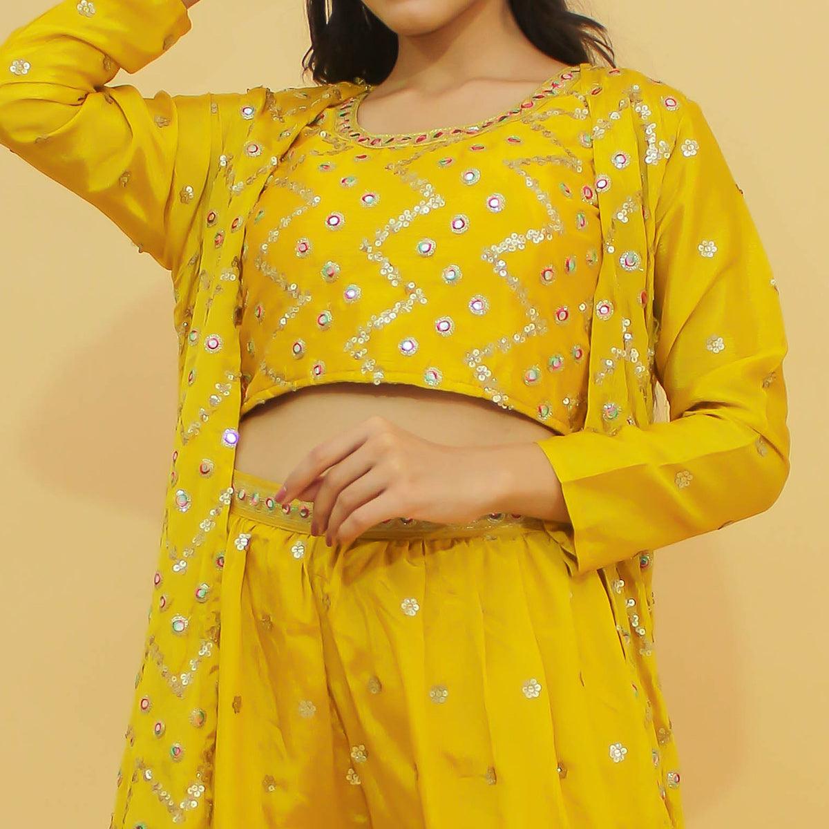 Yellow Thread Sequence With Foil Work Chiffon Partywear Suit - Peachmode
